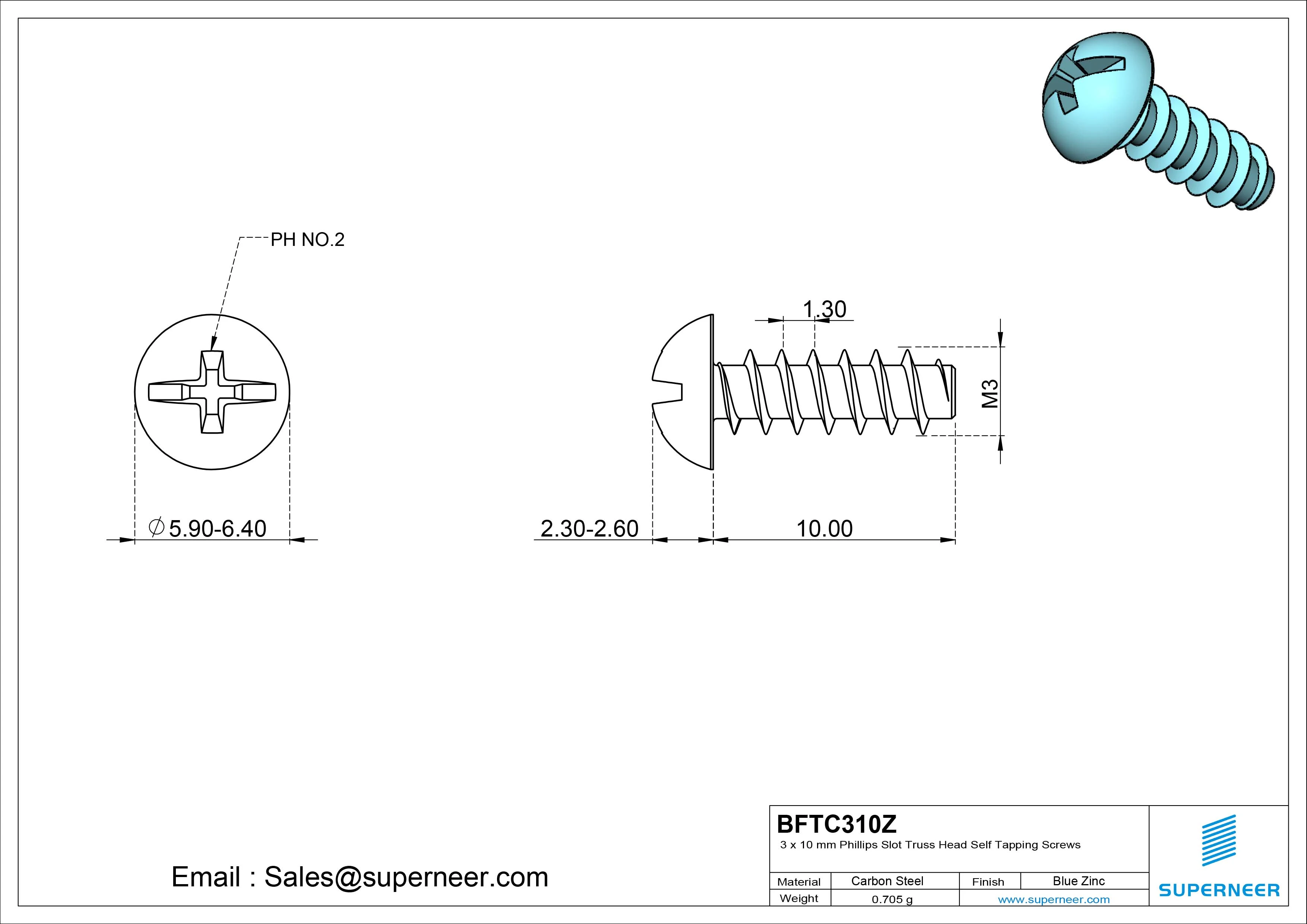 3 x 10mm Phillips Slot Truss Head Self Tapping Screws Steel Blue Zinc Plated