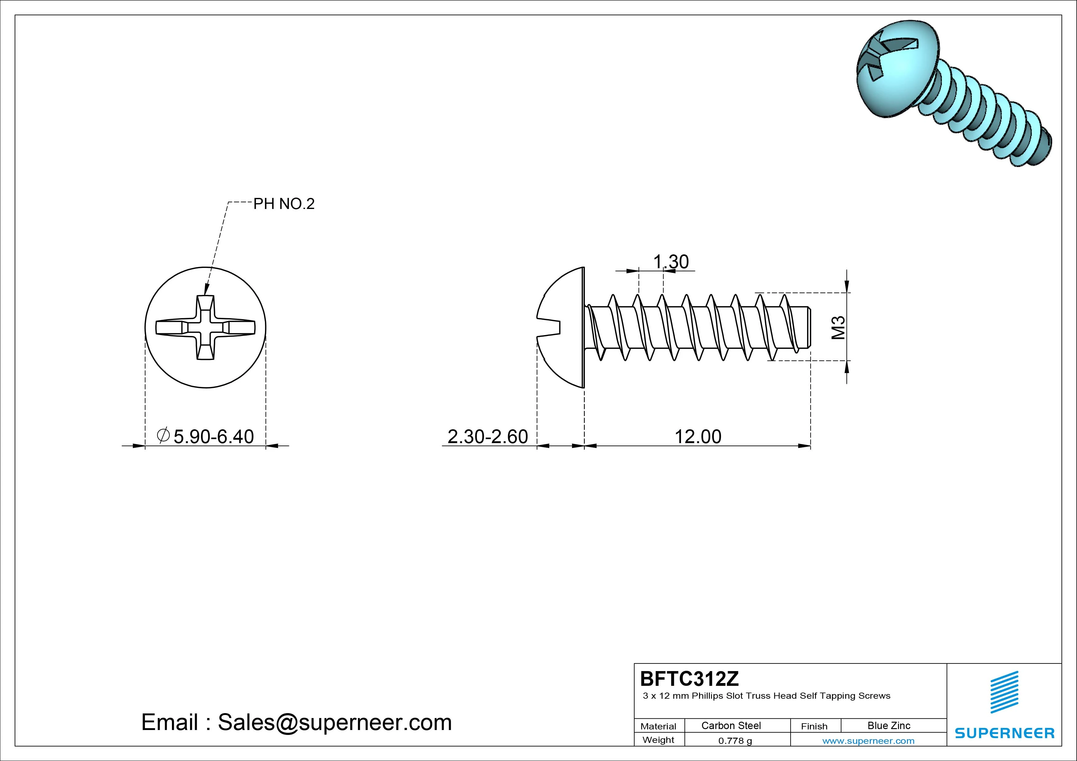 3 x 12mm Phillips Slot Truss Head Self Tapping Screws Steel Blue Zinc Plated