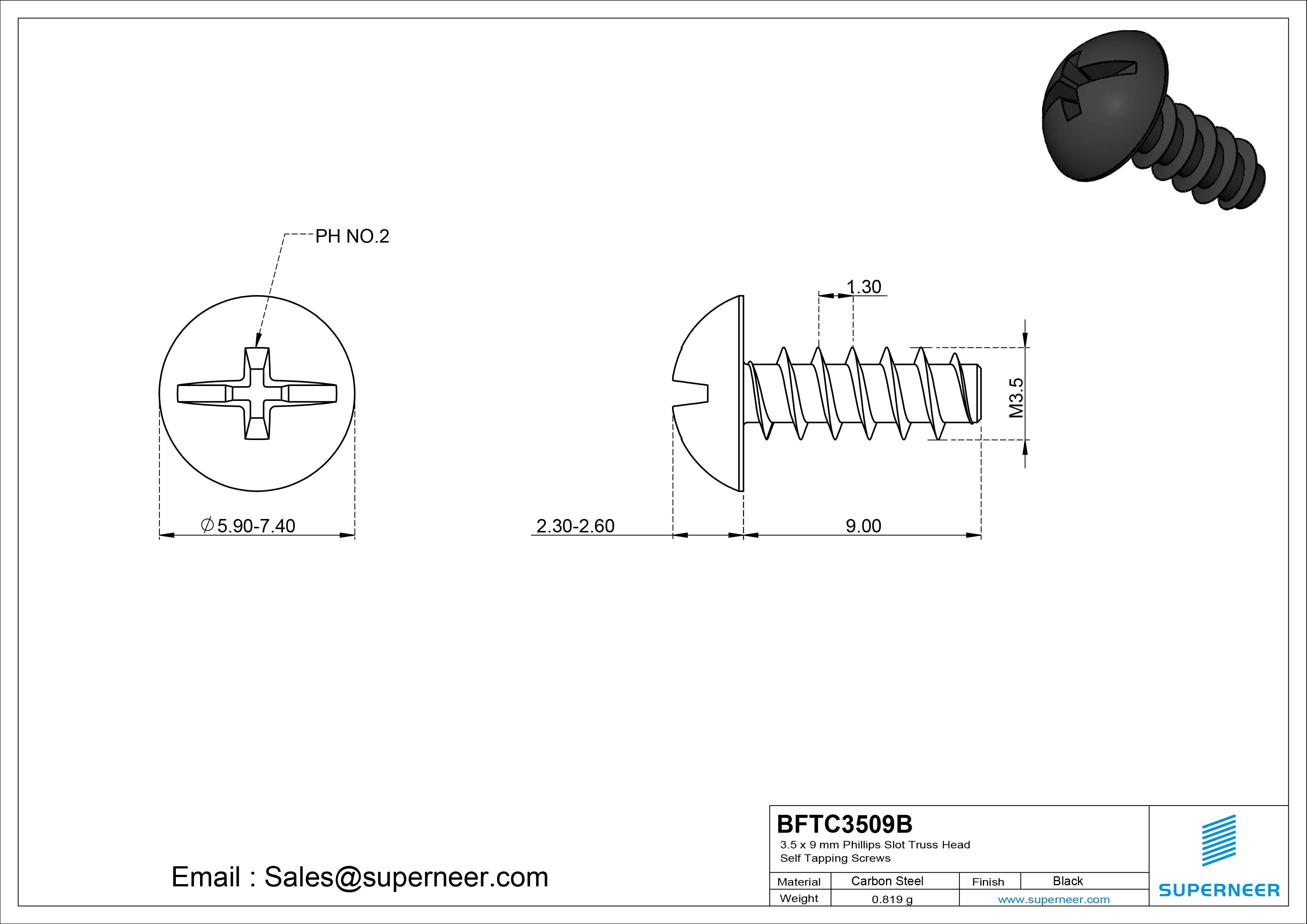 3.5 x 9mm Phillips Slot Truss Head Self Tapping Screws Steel Black Zinc Plated