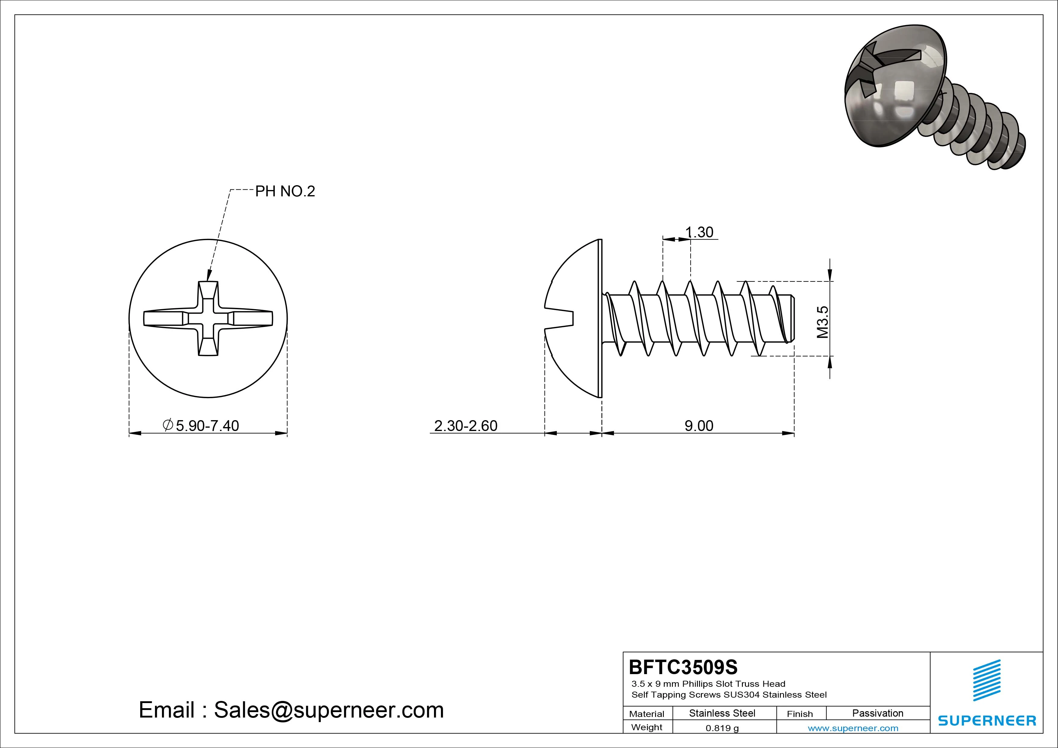 3.5 x 9mm Phillips Slot Truss Head Self Tapping Screws SUS304 Stainless Steel