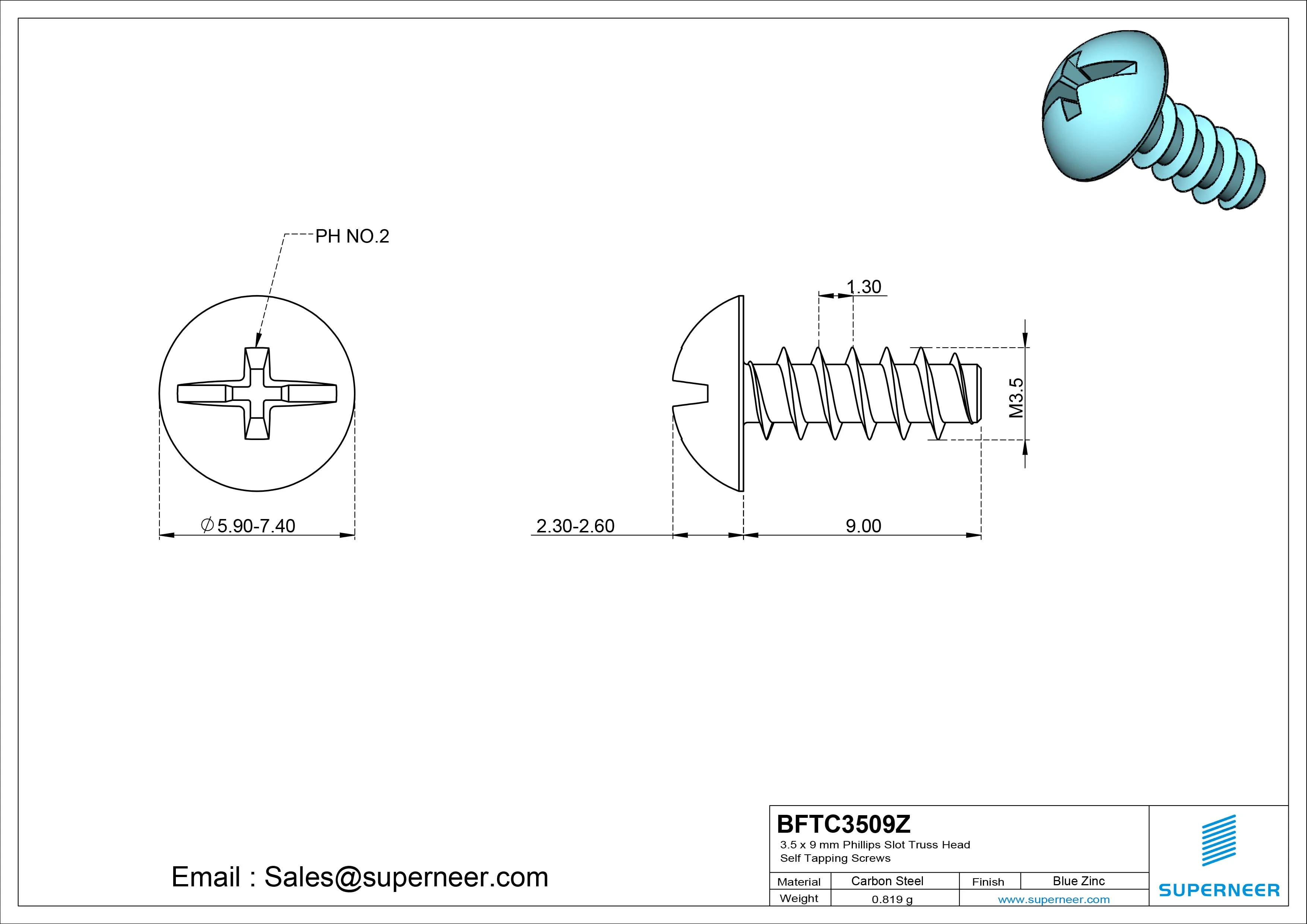 3.5 x 9mm Phillips Slot Truss Head Self Tapping Screws Steel Blue Zinc Plated