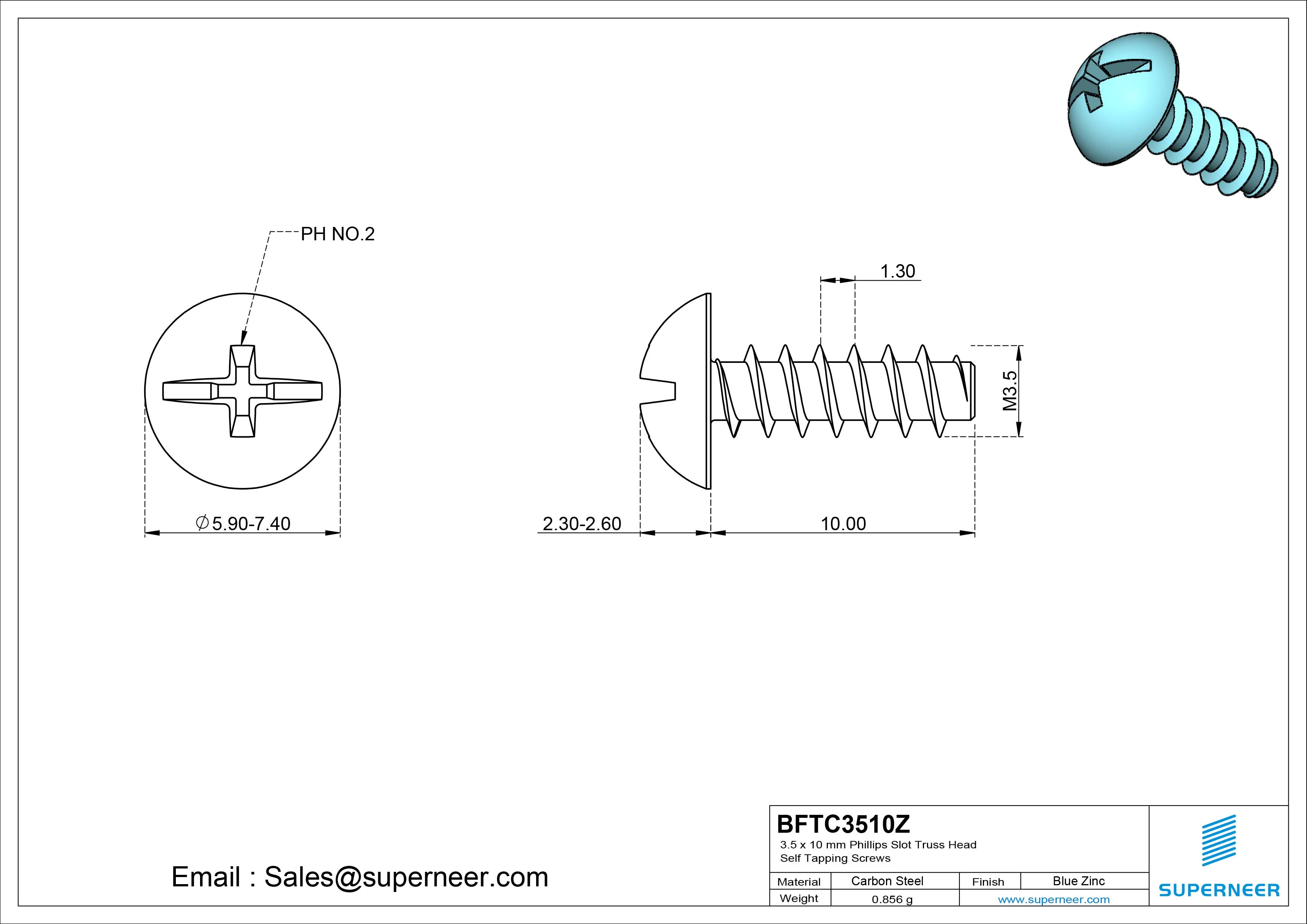 3.5 x 10mm Phillips Slot Truss Head Self Tapping Screws Steel Blue Zinc Plated