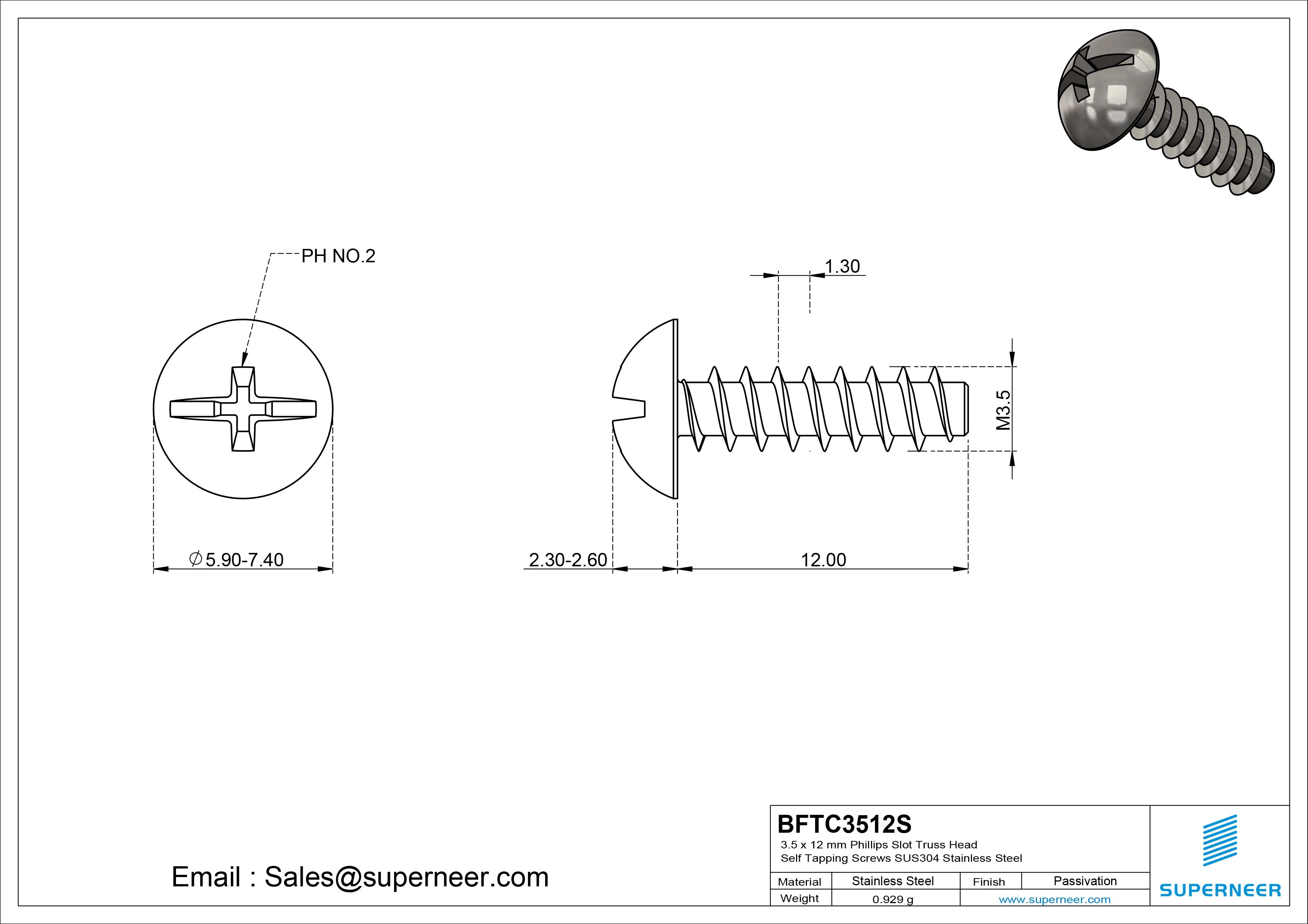 3.5 x 12mm Phillips Slot Truss Head Self Tapping Screws SUS304 Stainless Steel
