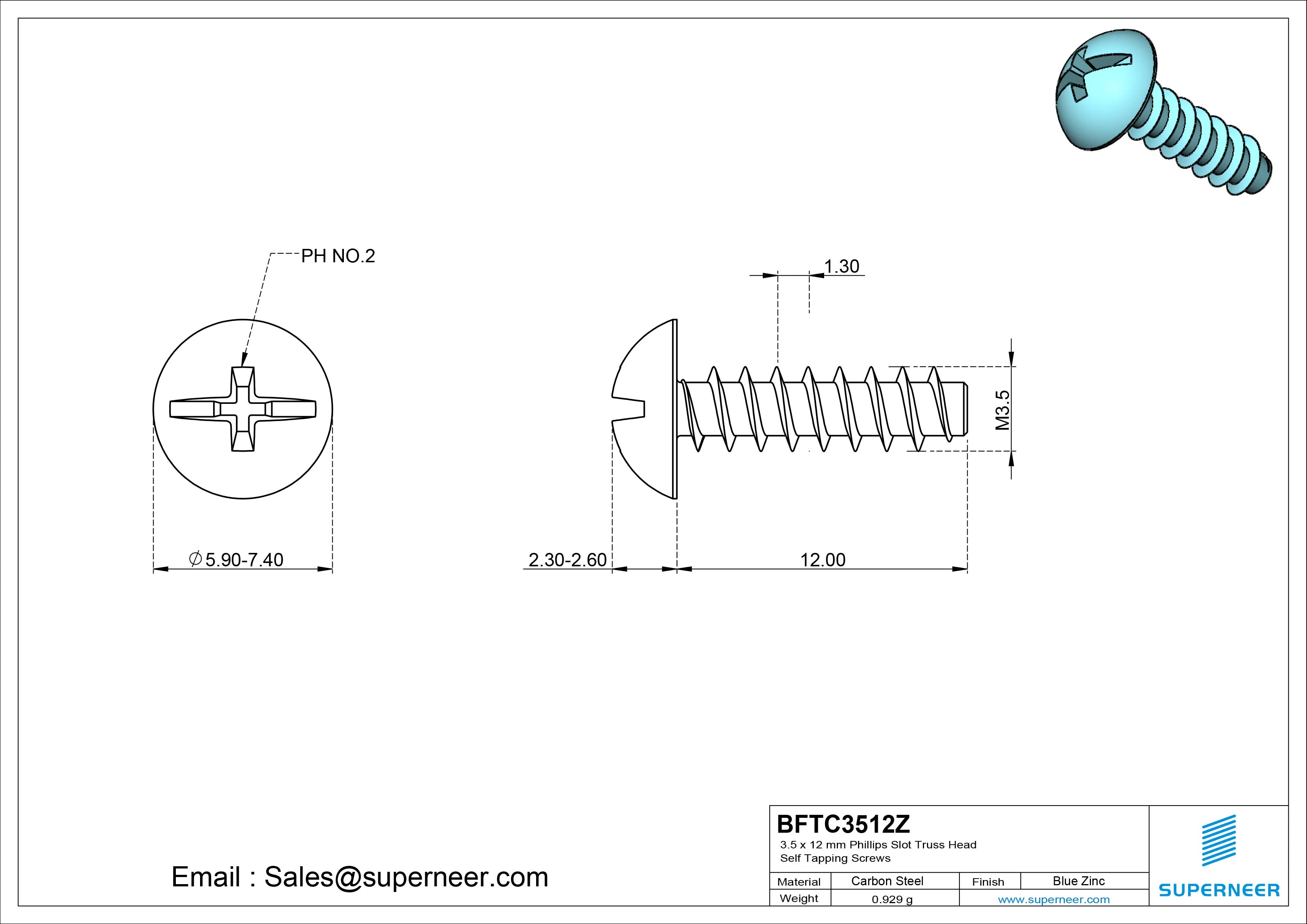 3.5 x 12mm Phillips Slot Truss Head Self Tapping Screws Steel Blue Zinc Plated