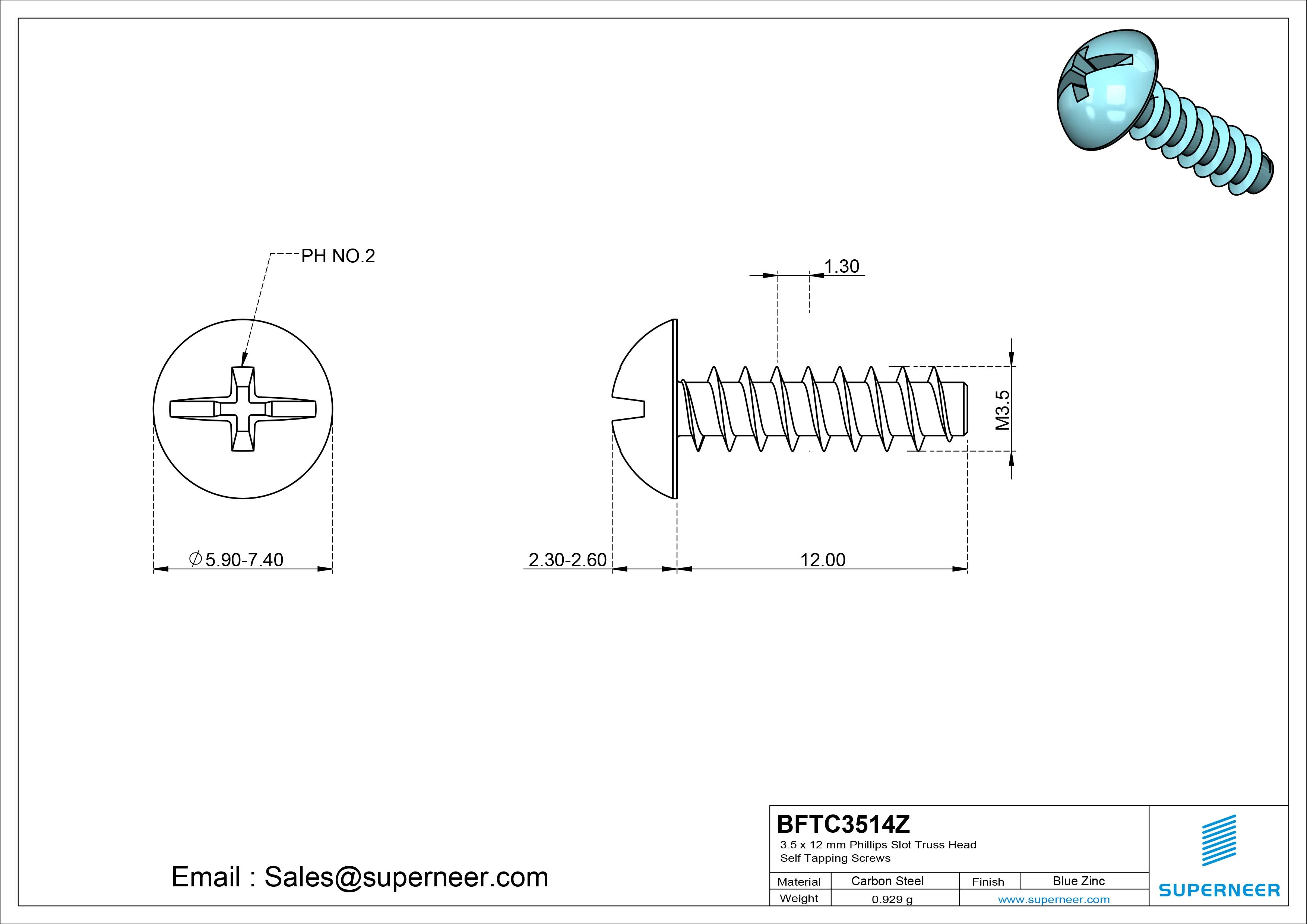 3.5 x 14mm Phillips Slot Truss Head Self Tapping Screws Steel Blue Zinc Plated