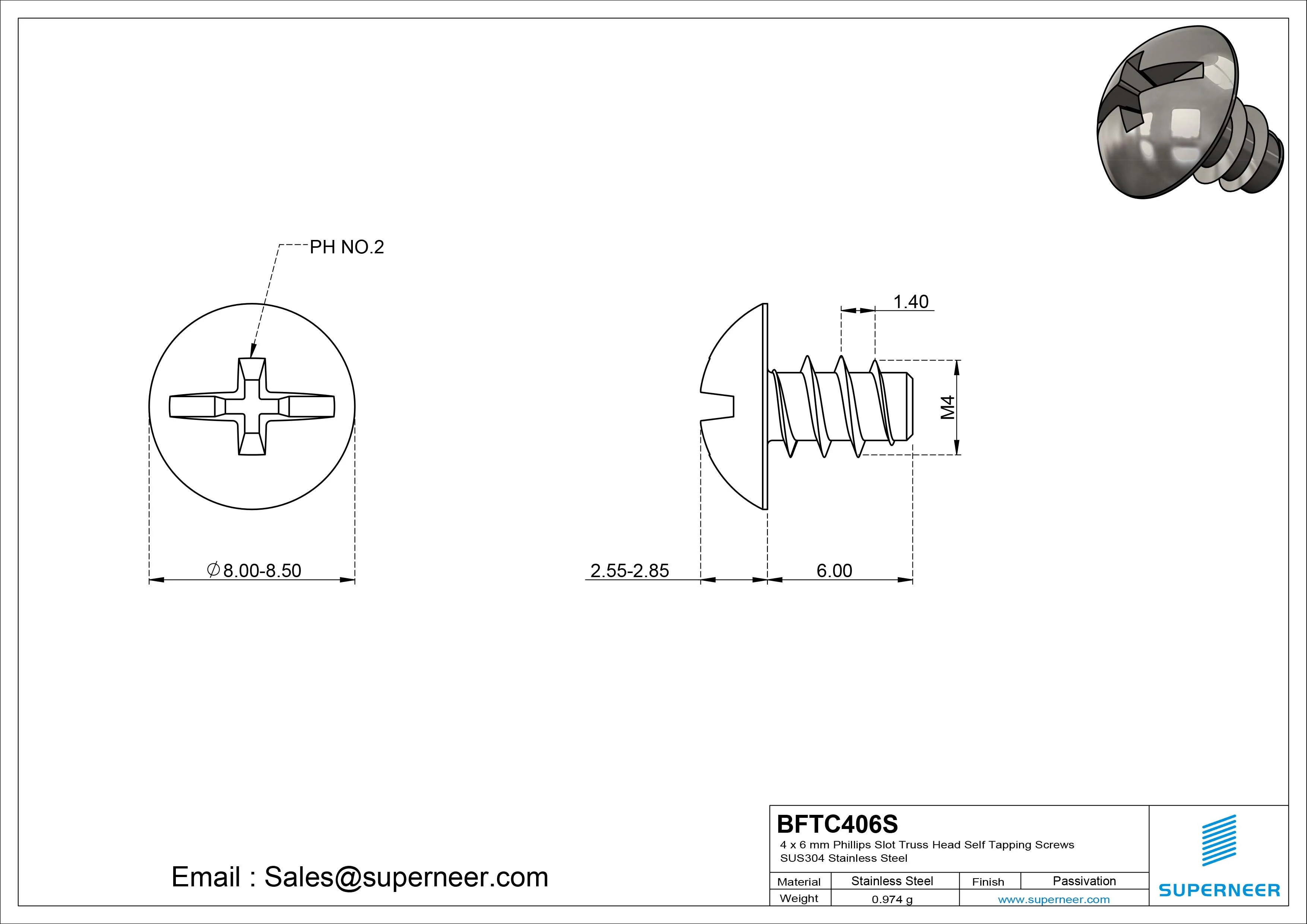 4 x 6mm Phillips Slot Truss Head Self Tapping Screws SUS304 Stainless Steel