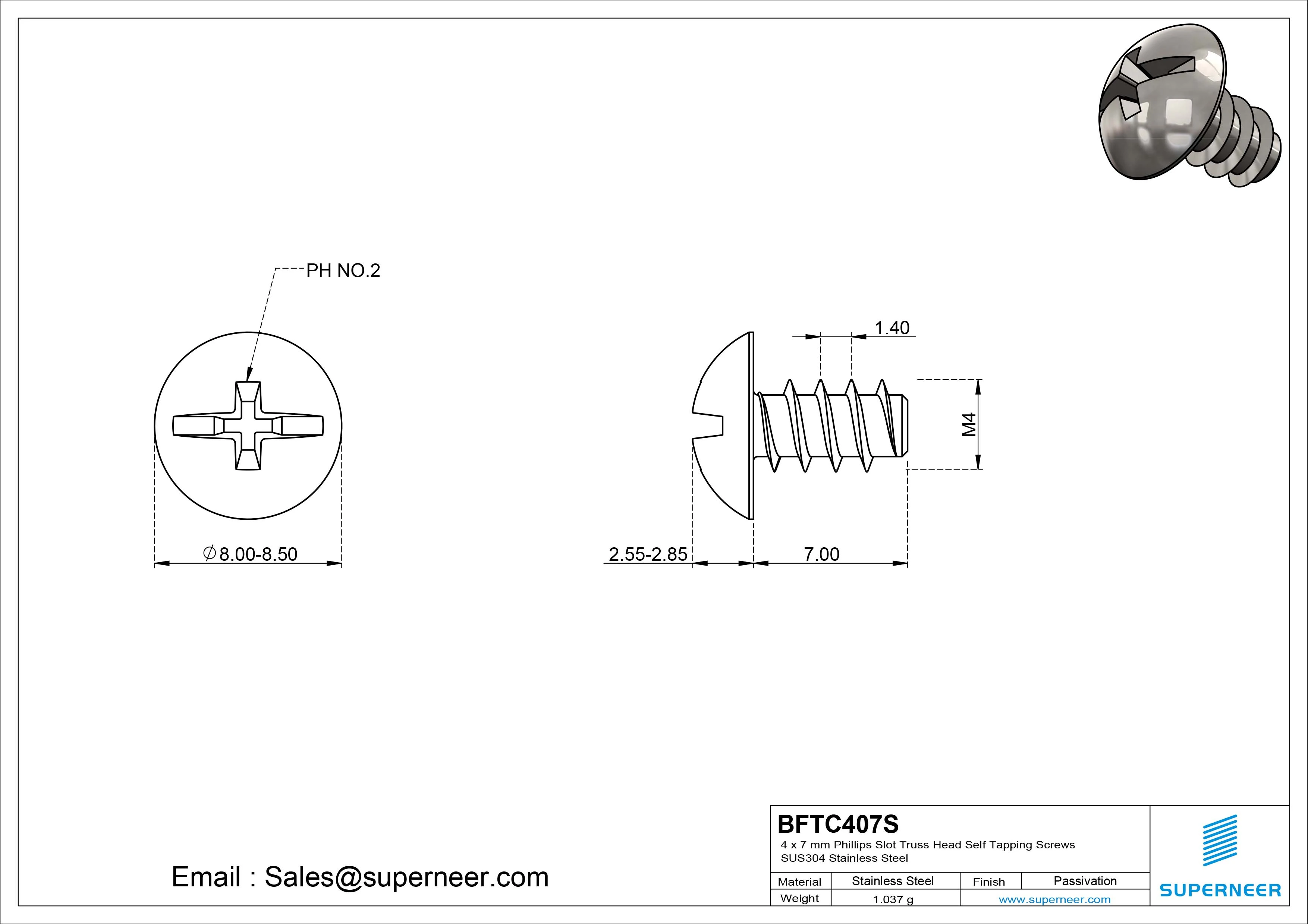 4 x 7mm Phillips Slot Truss Head Self Tapping Screws SUS304 Stainless Steel