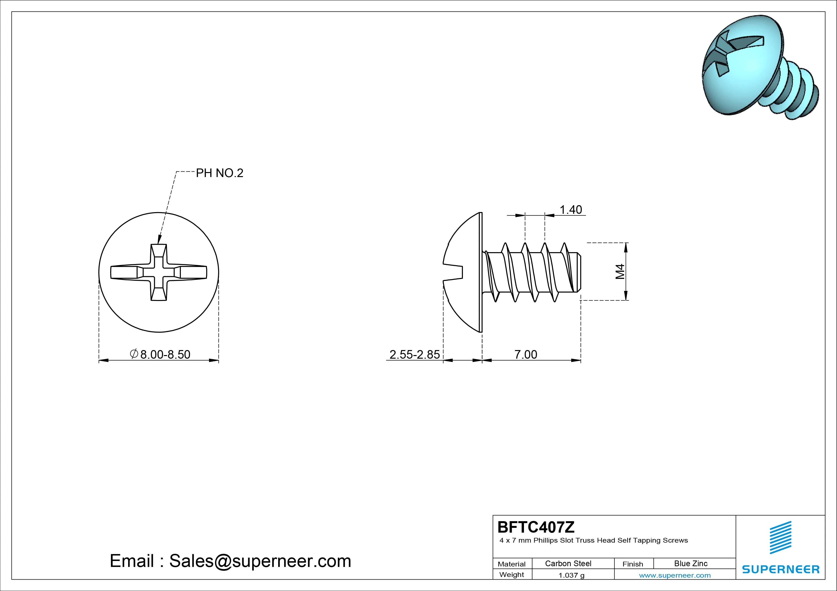 4 x 7mm Phillips Slot Truss Head Self Tapping Screws Steel Blue Zinc Plated