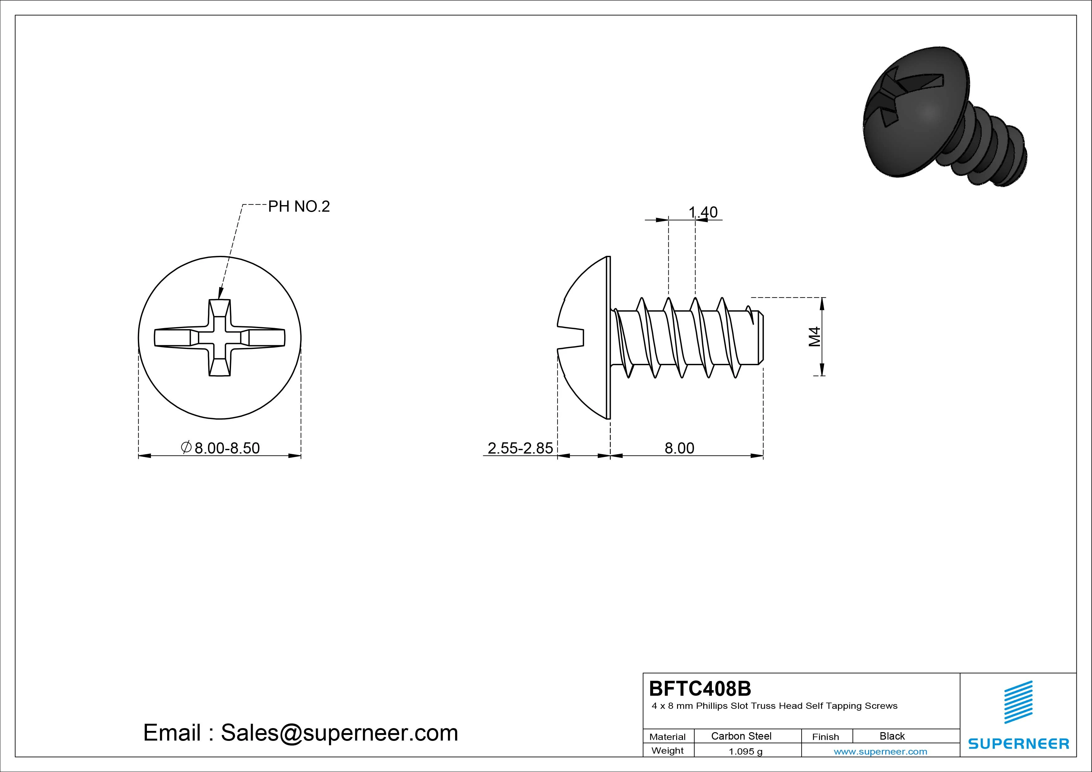 4 x 8mm Phillips Slot Truss Head Self Tapping Screws Steel Black Zinc Plated