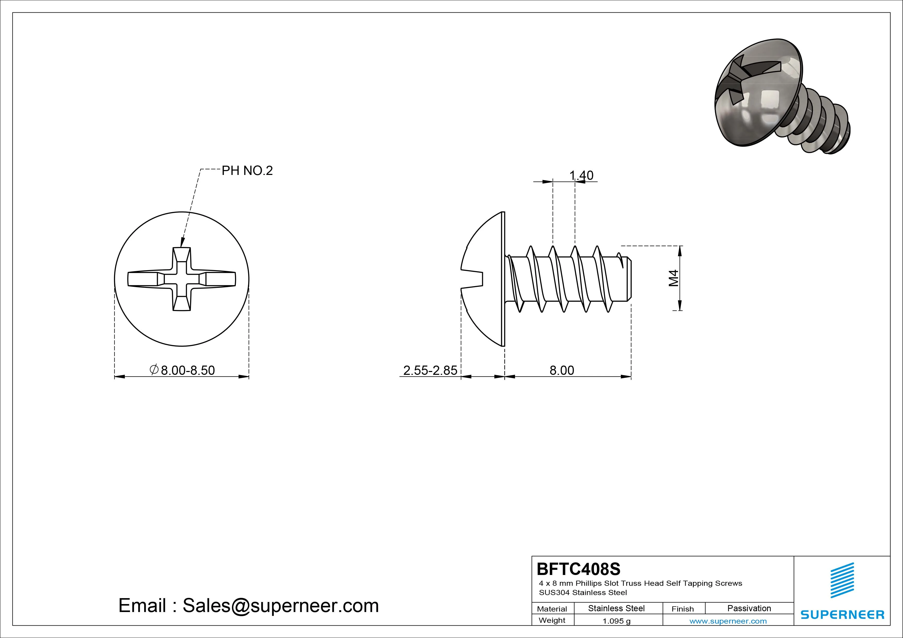 4 x 8mm Phillips Slot Truss Head Self Tapping Screws SUS304 Stainless Steel