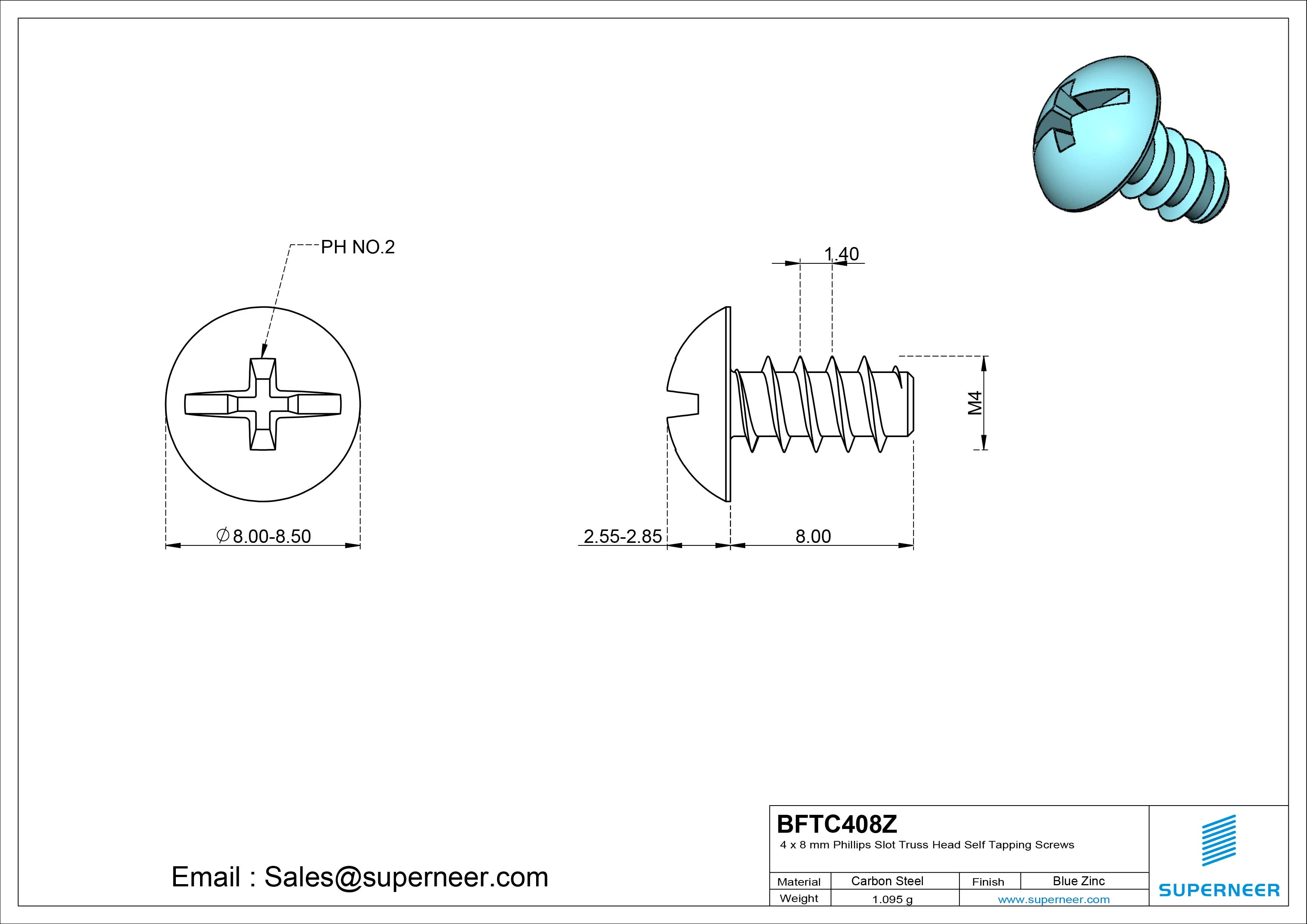 4 x 8mm Phillips Slot Truss Head Self Tapping Screws Steel Blue Zinc Plated