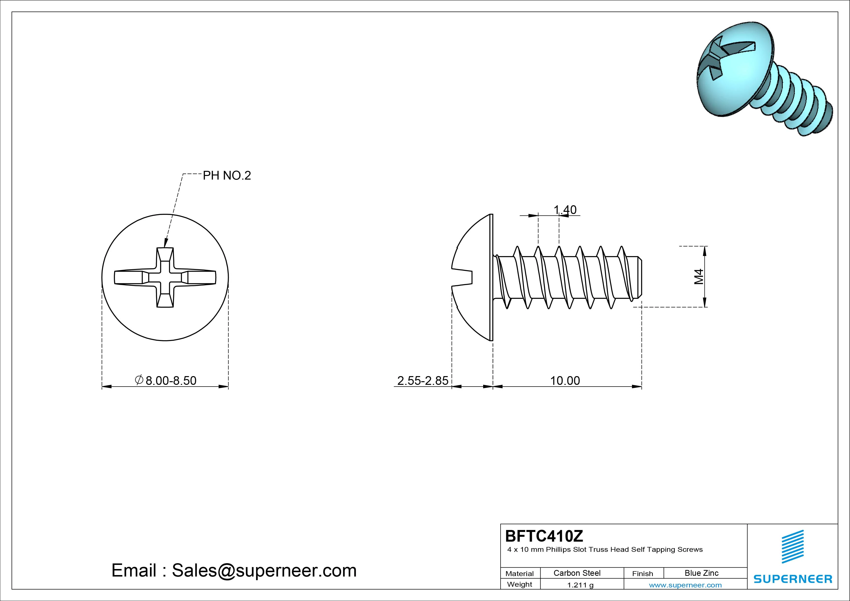4 x 10mm Phillips Slot Truss Head Self Tapping Screws Steel Blue Zinc Plated