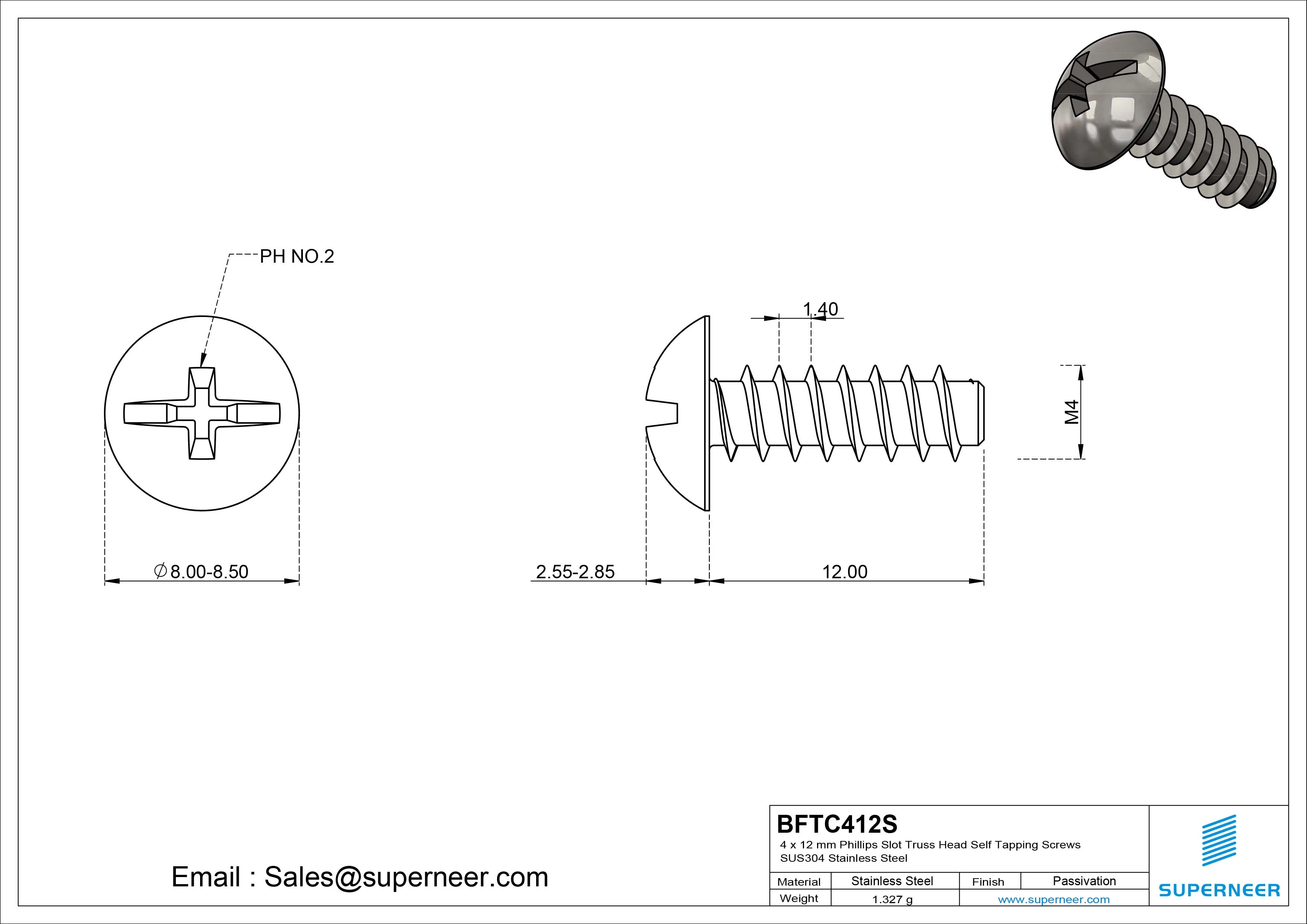 4 x 12mm Phillips Slot Truss Head Self Tapping Screws SUS304 Stainless Steel