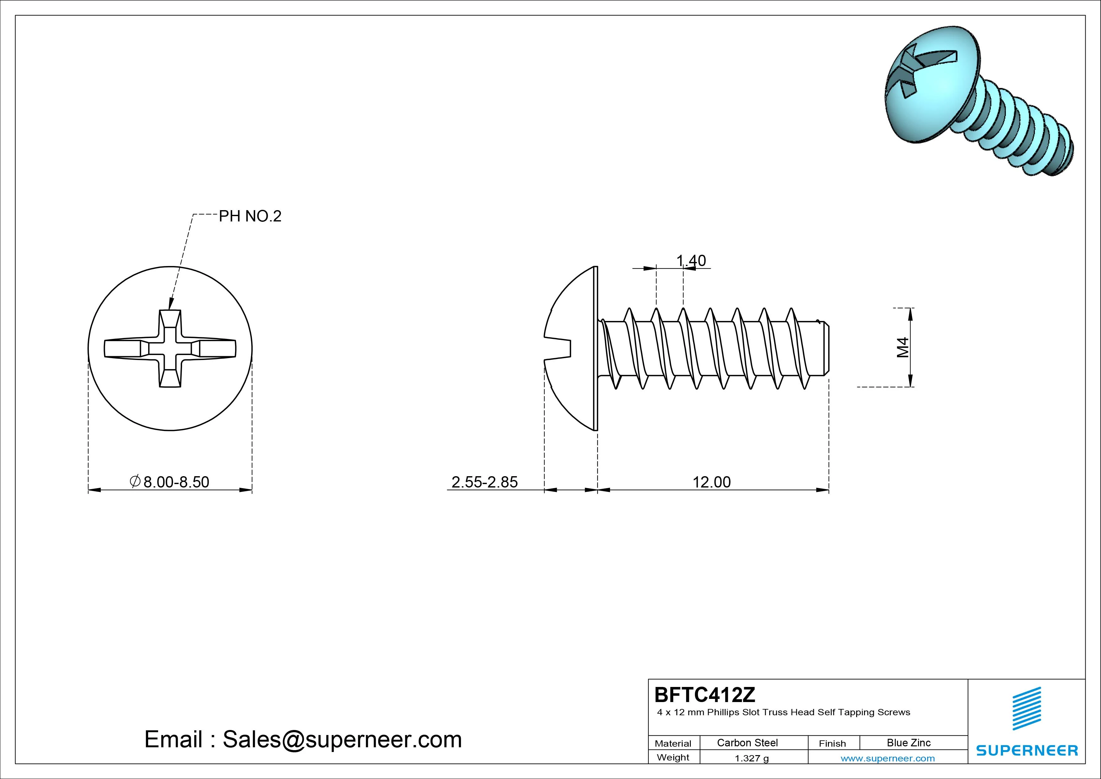 4 x 12mm Phillips Slot Truss Head Self Tapping Screws Steel Blue Zinc Plated