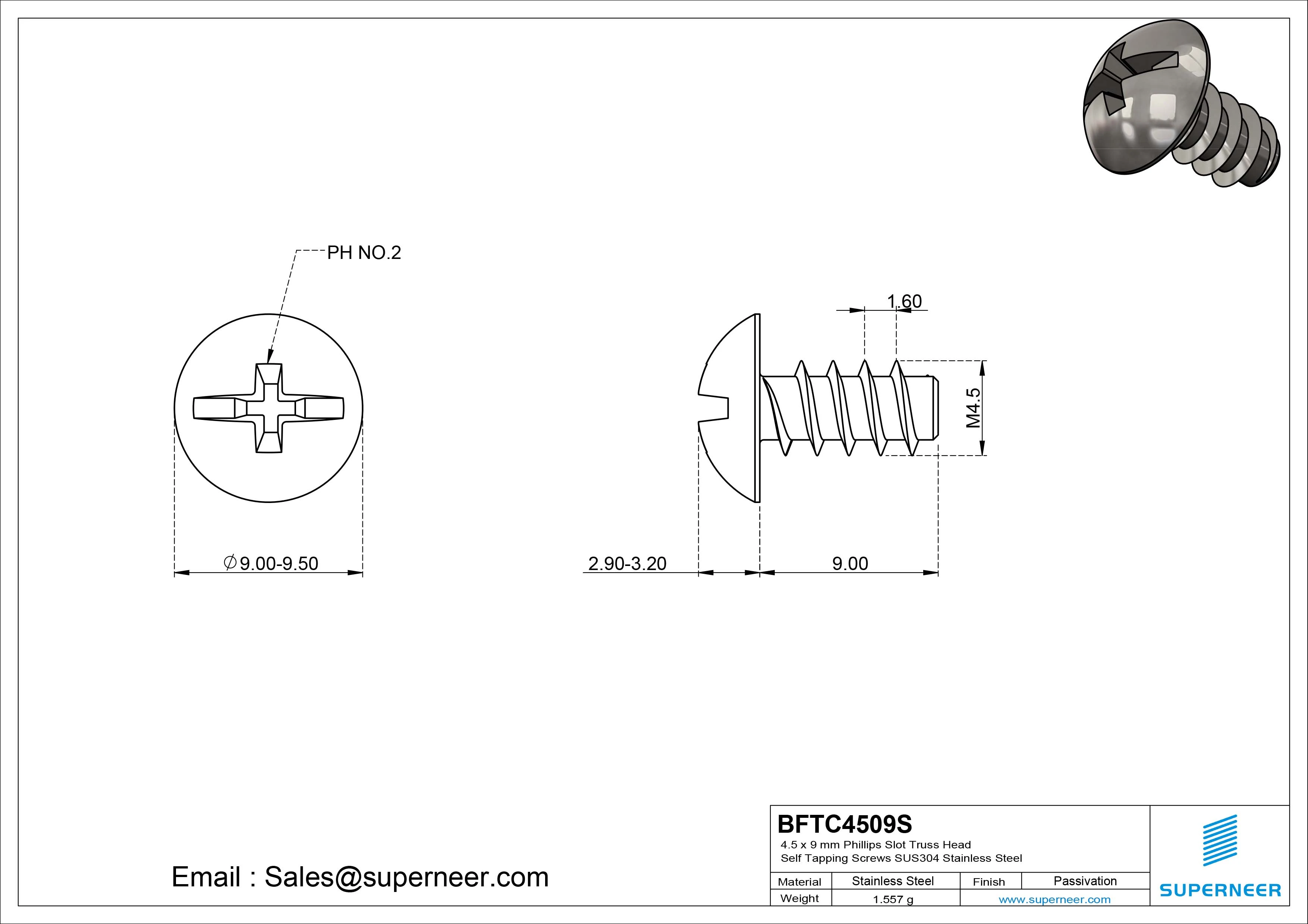 4.5 x 9mm Phillips Slot Truss Head Self Tapping Screws SUS304 Stainless Steel