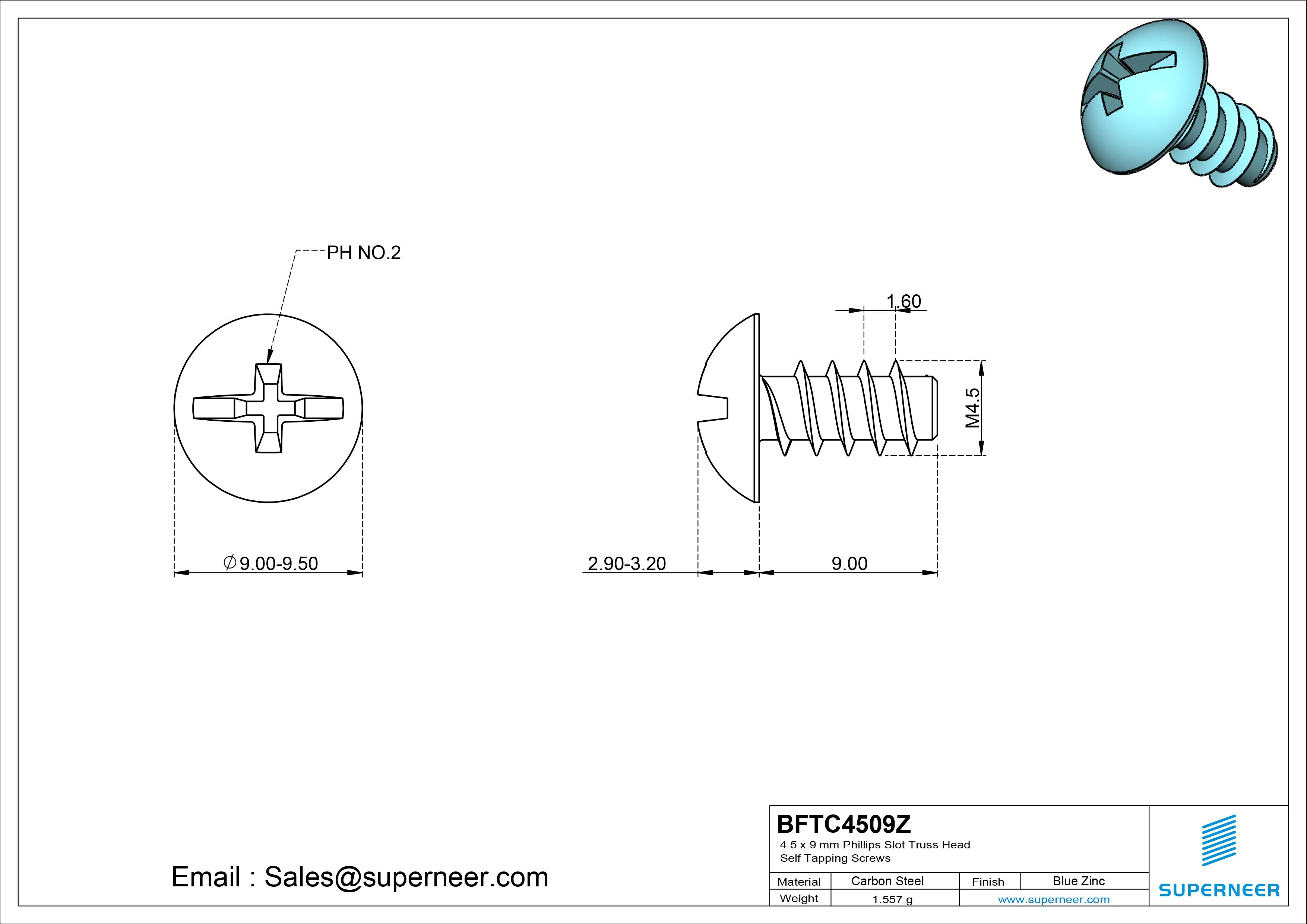 4.5 x 9mm Phillips Slot Truss Head Self Tapping Screws Steel Blue Zinc Plated