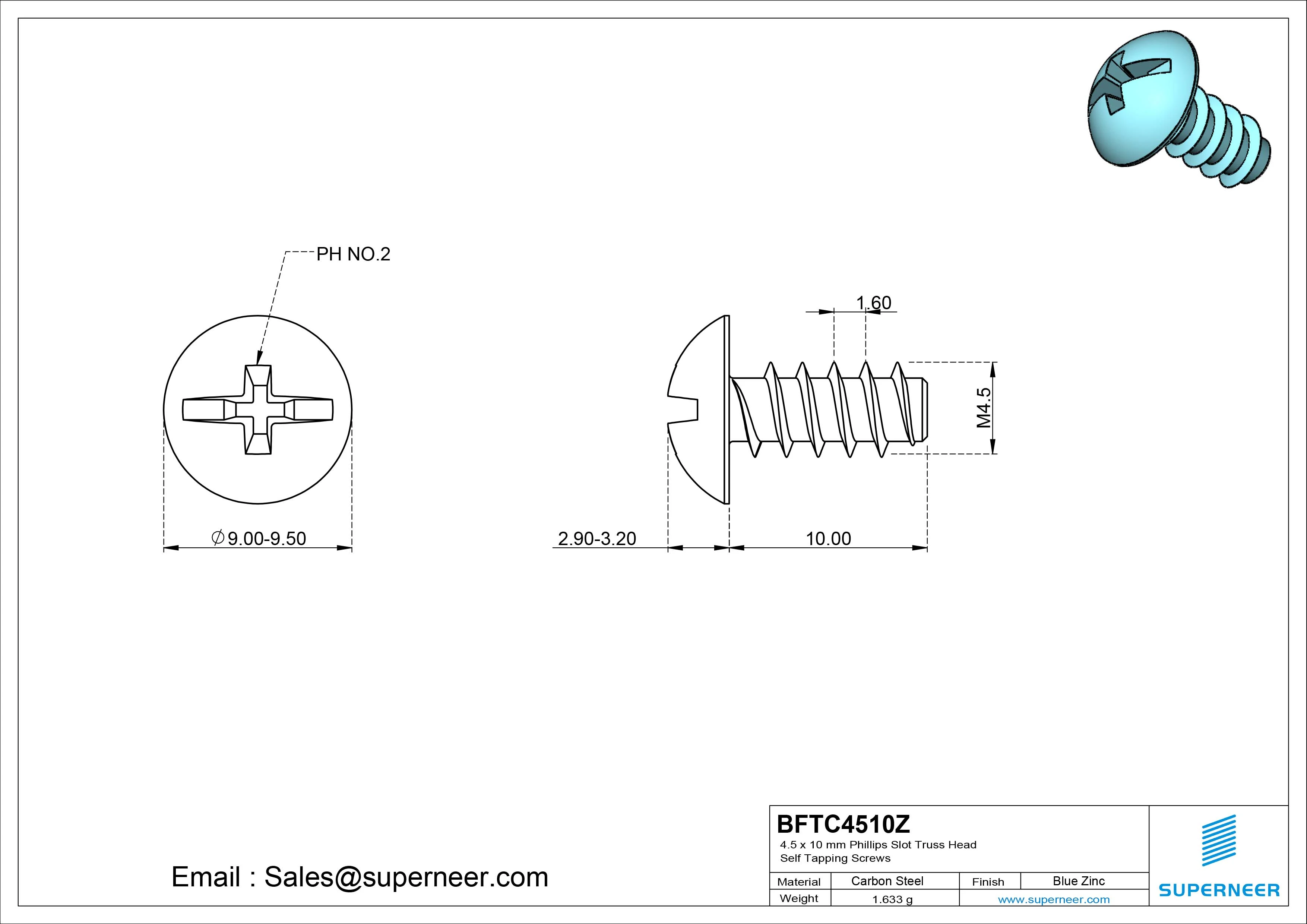 4.5 x 10mm Phillips Slot Truss Head Self Tapping Screws Steel Blue Zinc Plated