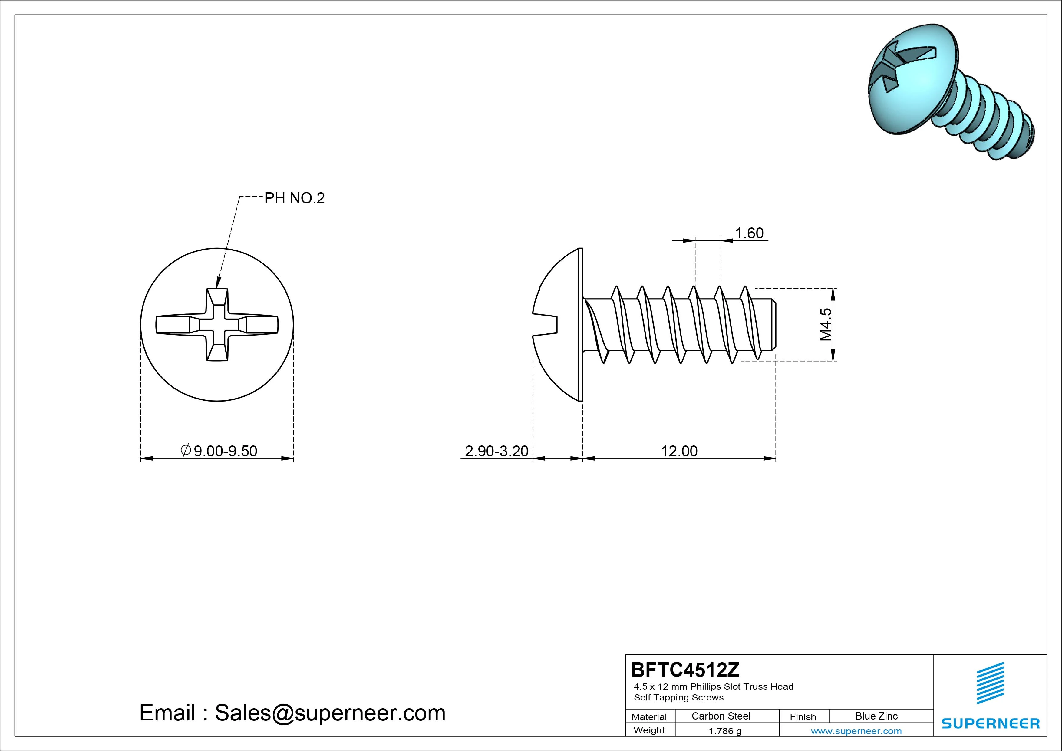 4.5 x 12mm Phillips Slot Truss Head Self Tapping Screws Steel Blue Zinc Plated