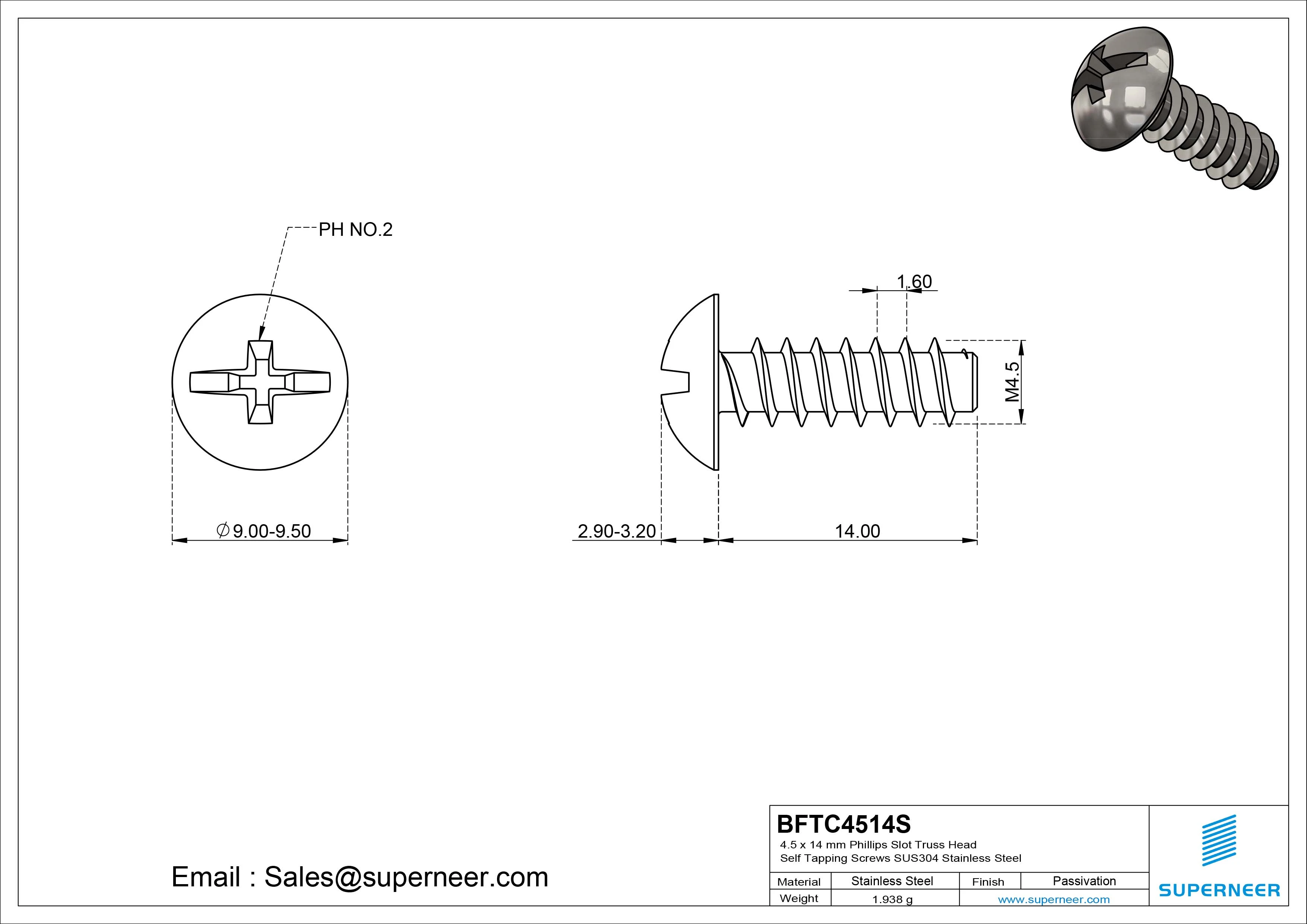4.5 x 14mm Phillips Slot Truss Head Self Tapping Screws SUS304 Stainless Steel