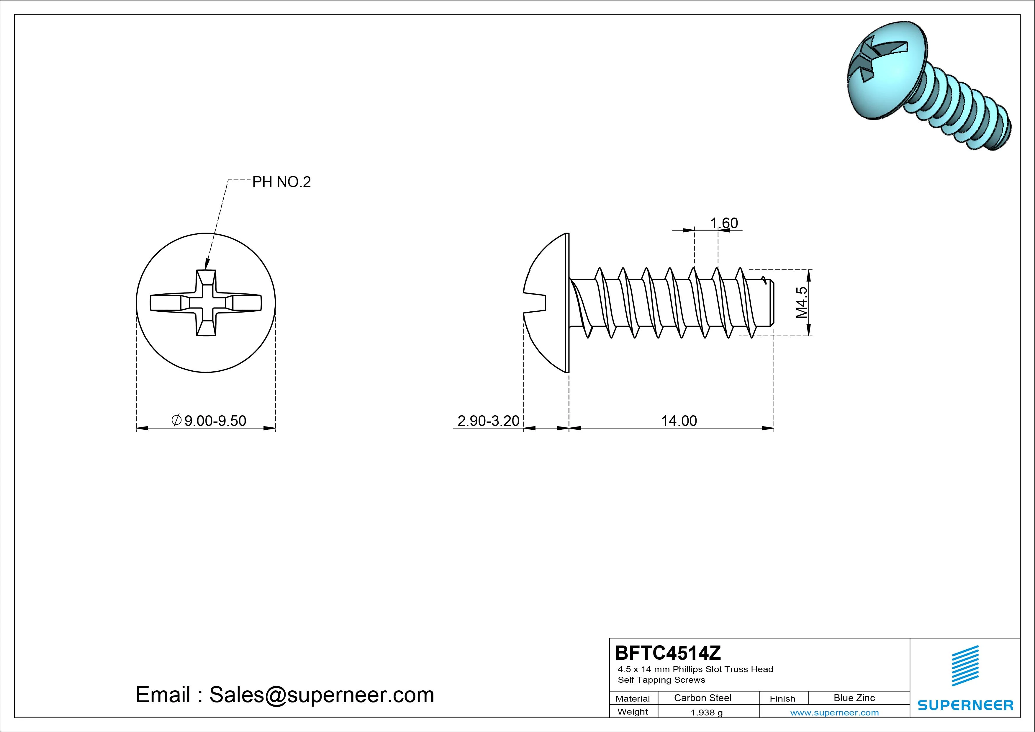 4.5 x 14mm Phillips Slot Truss Head Self Tapping Screws Steel Blue Zinc Plated