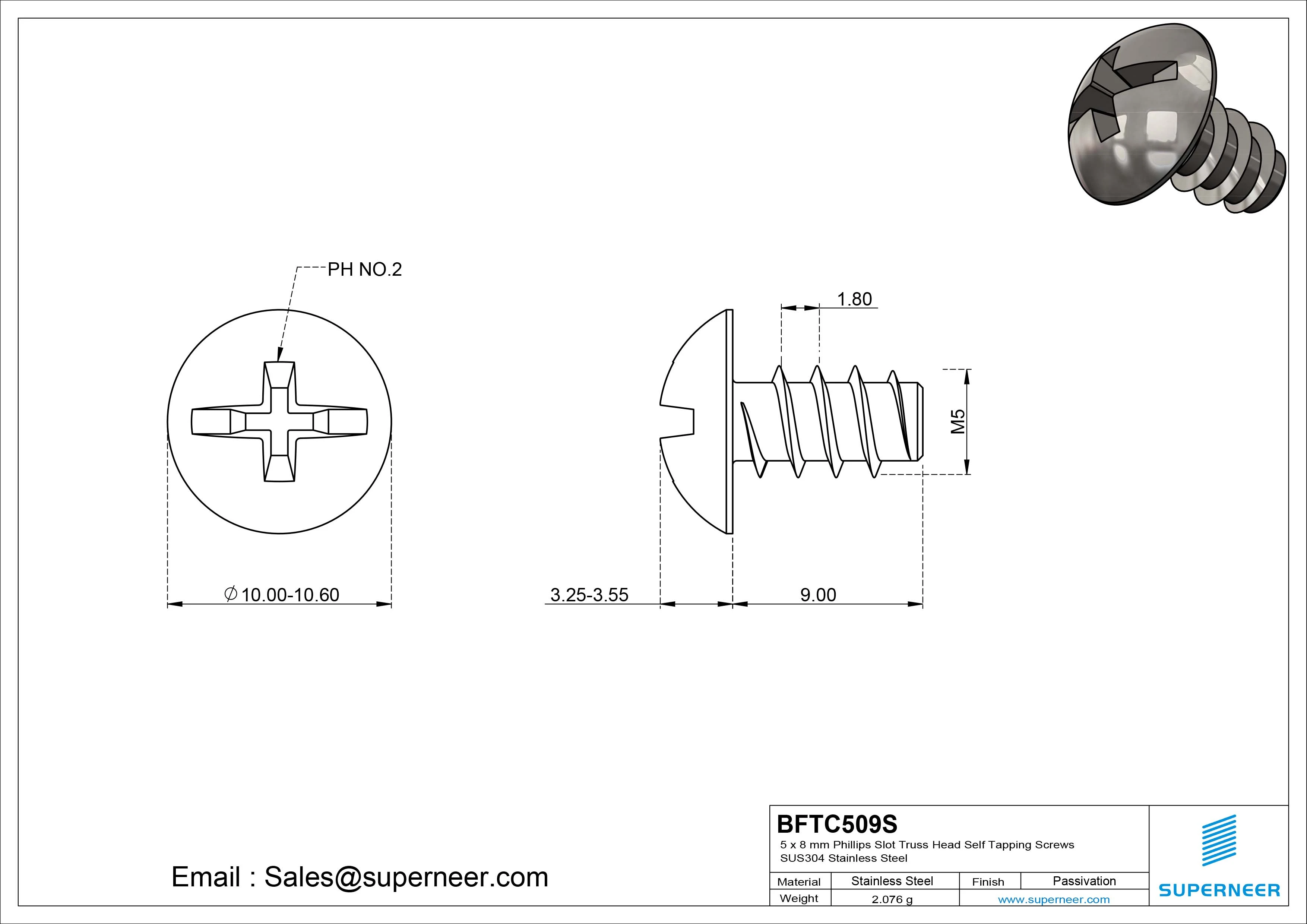 5 x 9mm Phillips Slot Truss Head Self Tapping Screws SUS304 Stainless Steel
