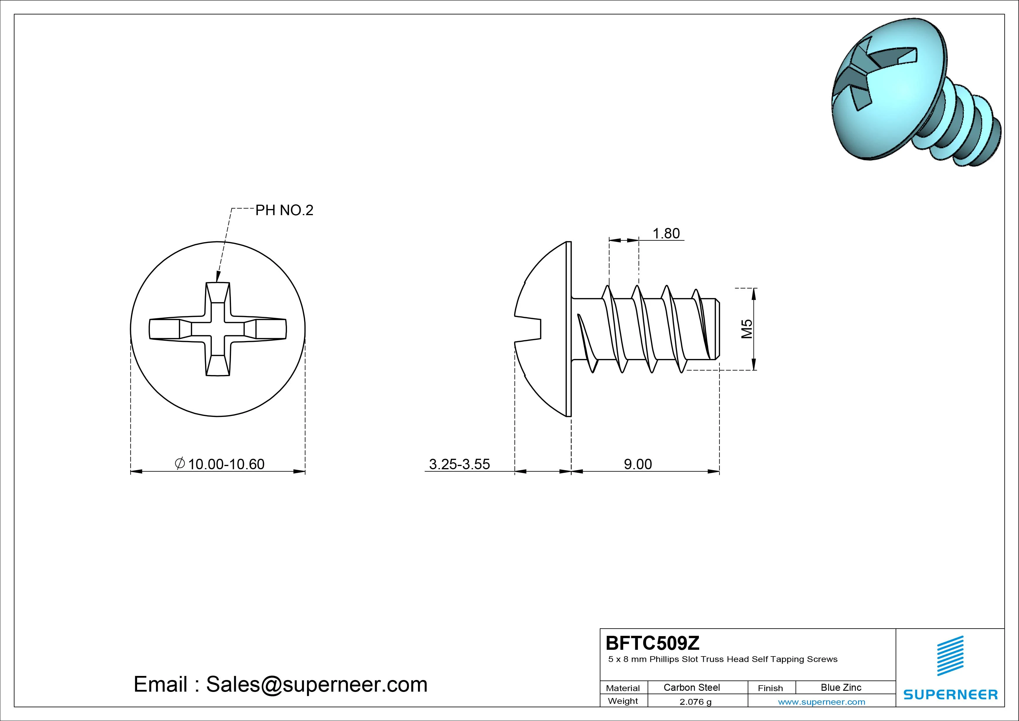 5 x 9mm Phillips Slot Truss Head Self Tapping Screws Steel Blue Zinc Plated
