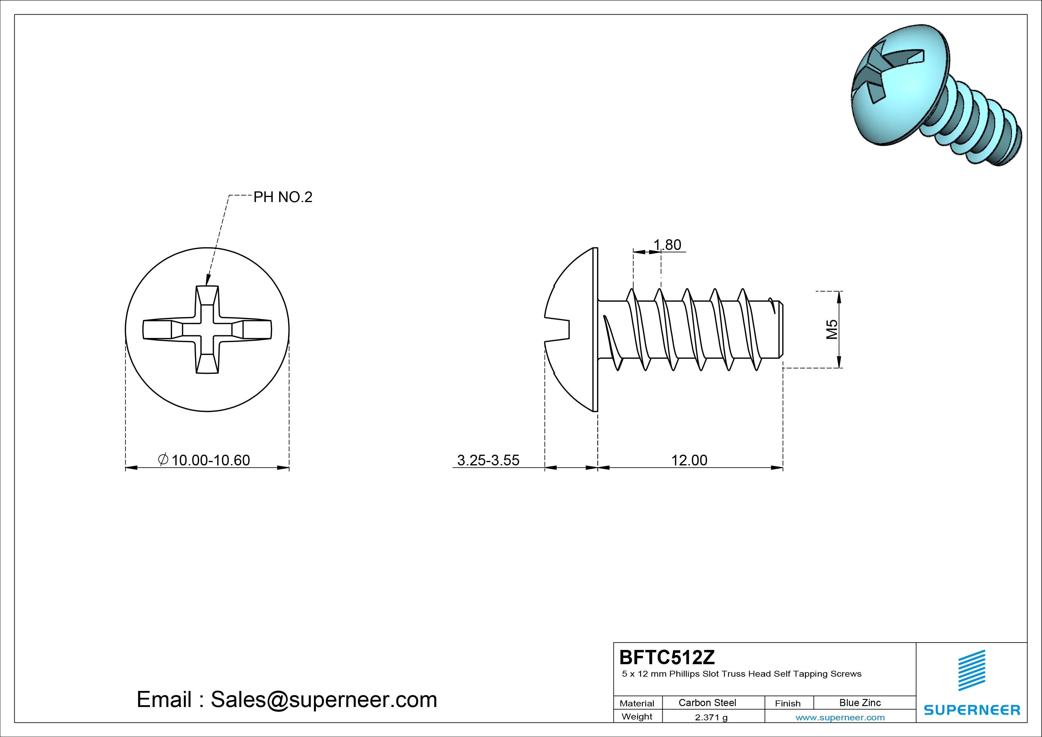 5 x 12mm Phillips Slot Truss Head Self Tapping Screws Steel Blue Zinc Plated