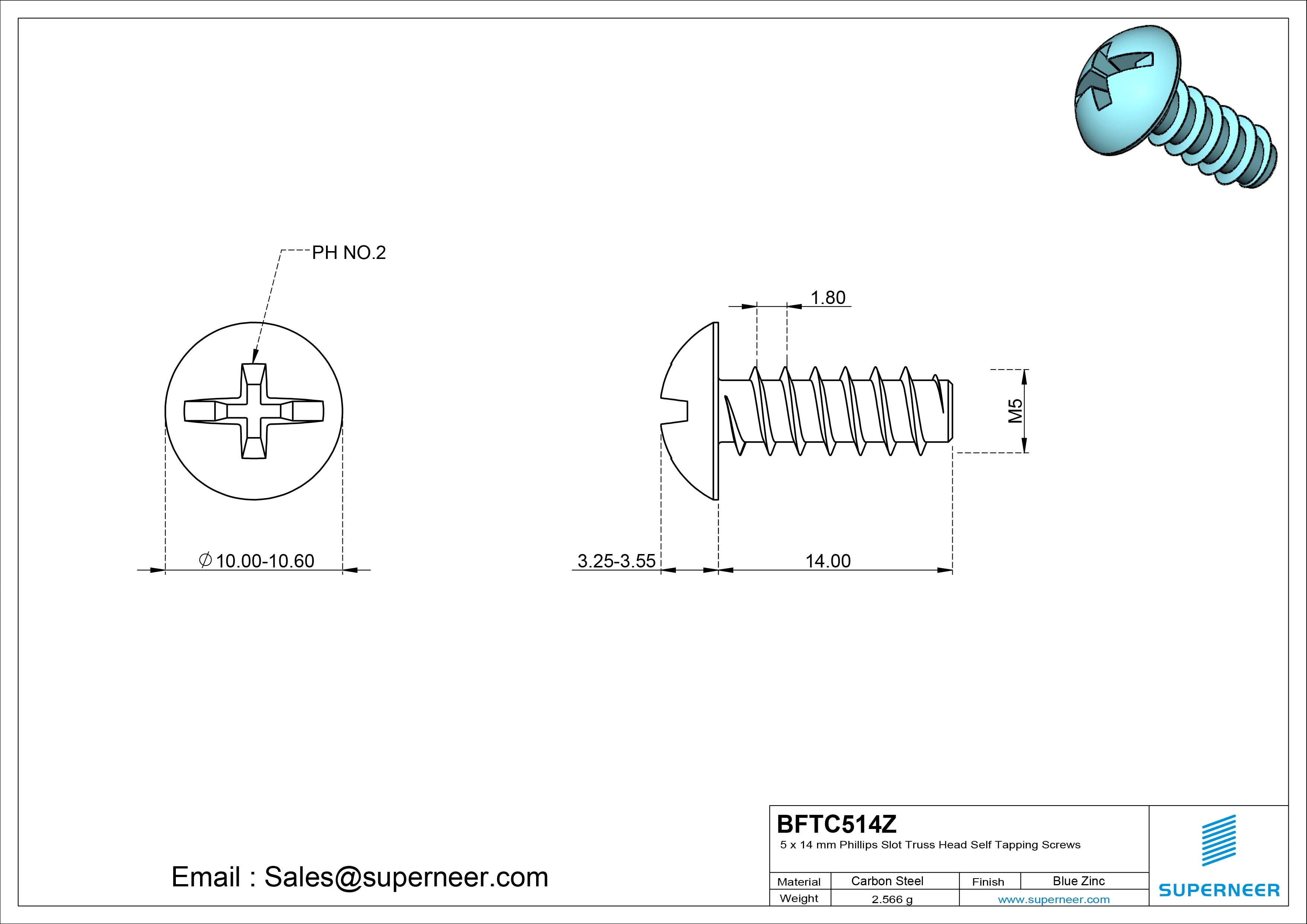 5 x 14mm Phillips Slot Truss Head Self Tapping Screws Steel Blue Zinc Plated