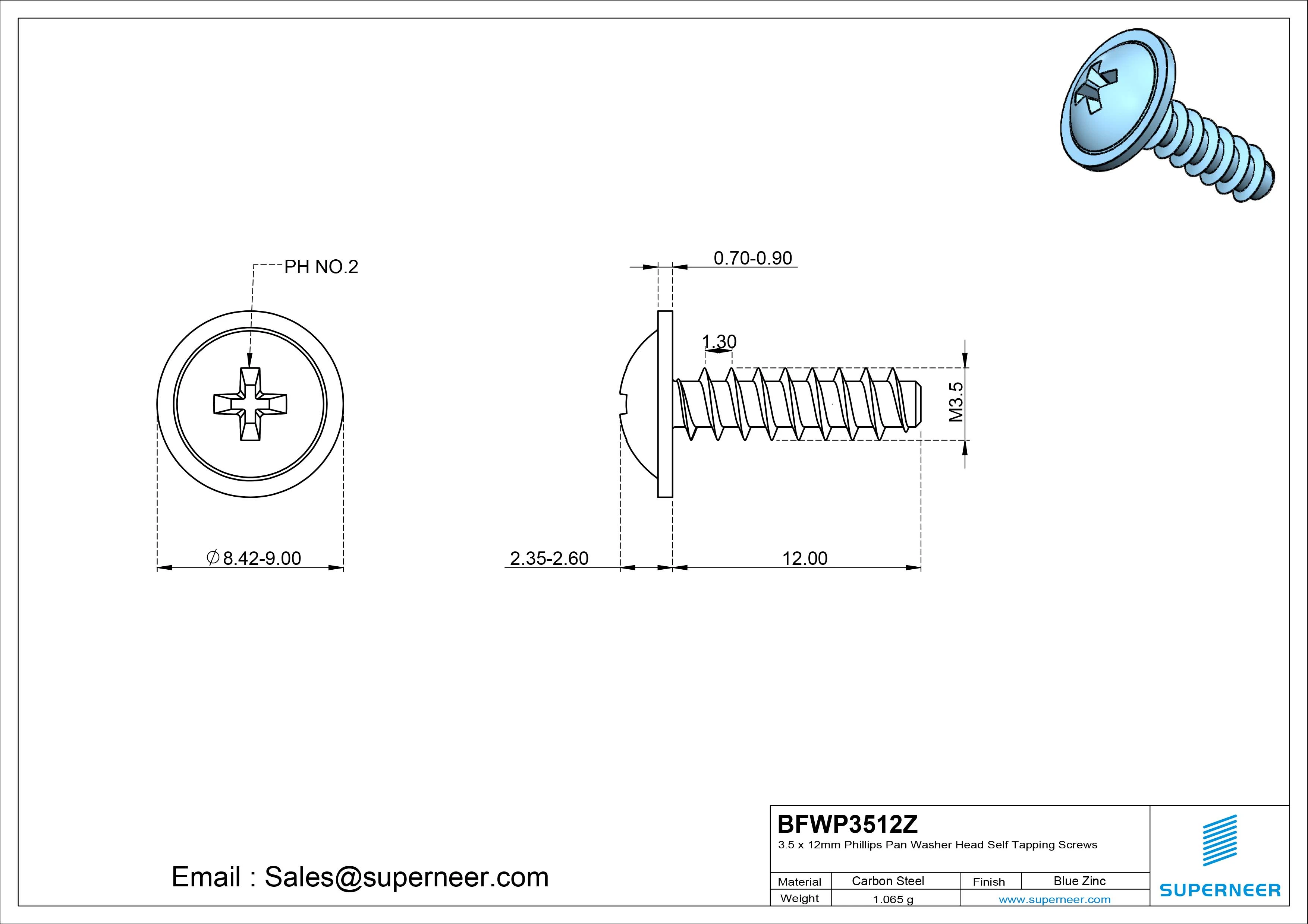 3.5 x 12mm Phillips Pan Washer Head Self Tapping Screws Steel Blue Zinc Plated