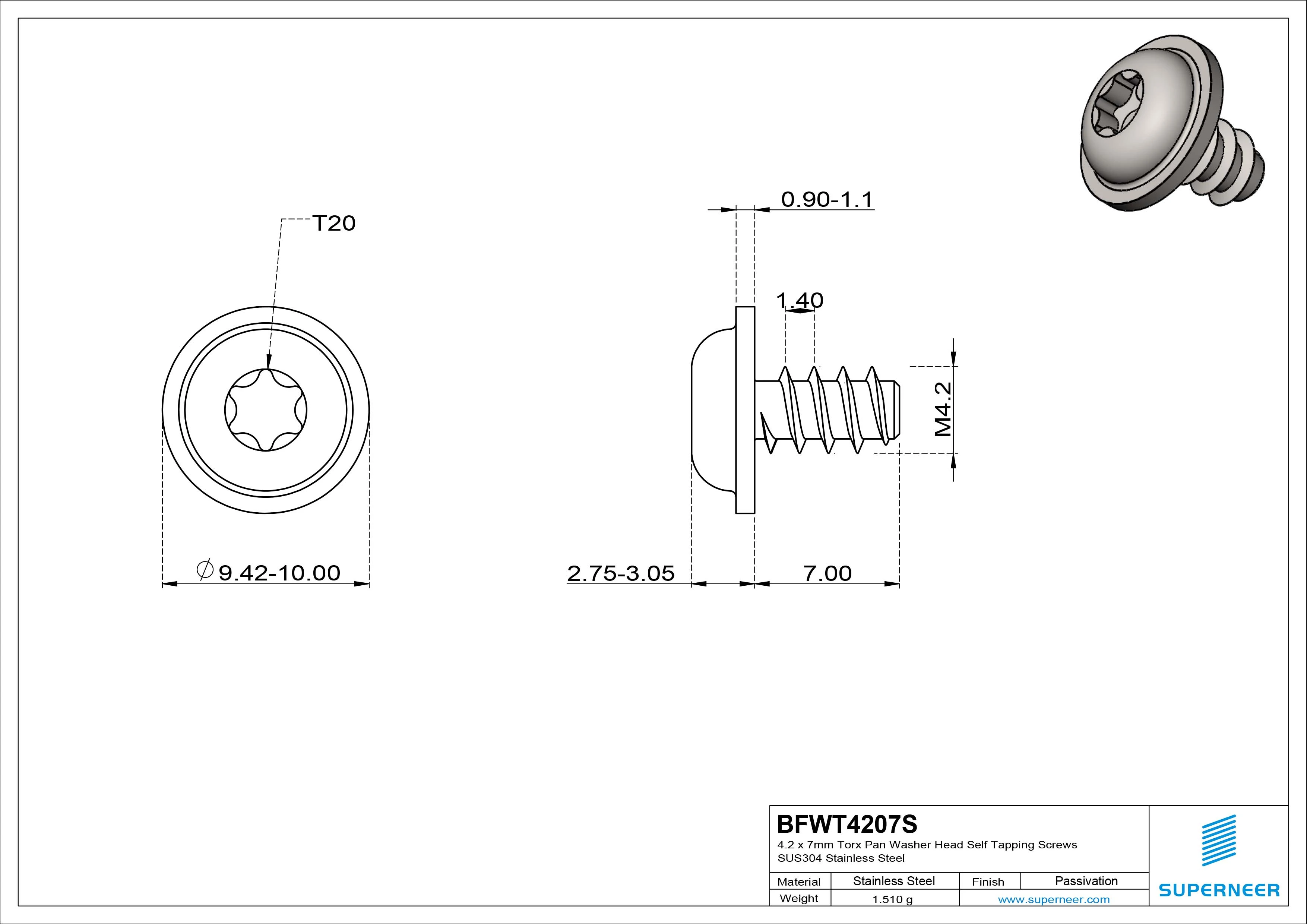 4.2 x 7mm Torx Pan Washer Head Self Tapping Screws SUS304 Stainless Steel