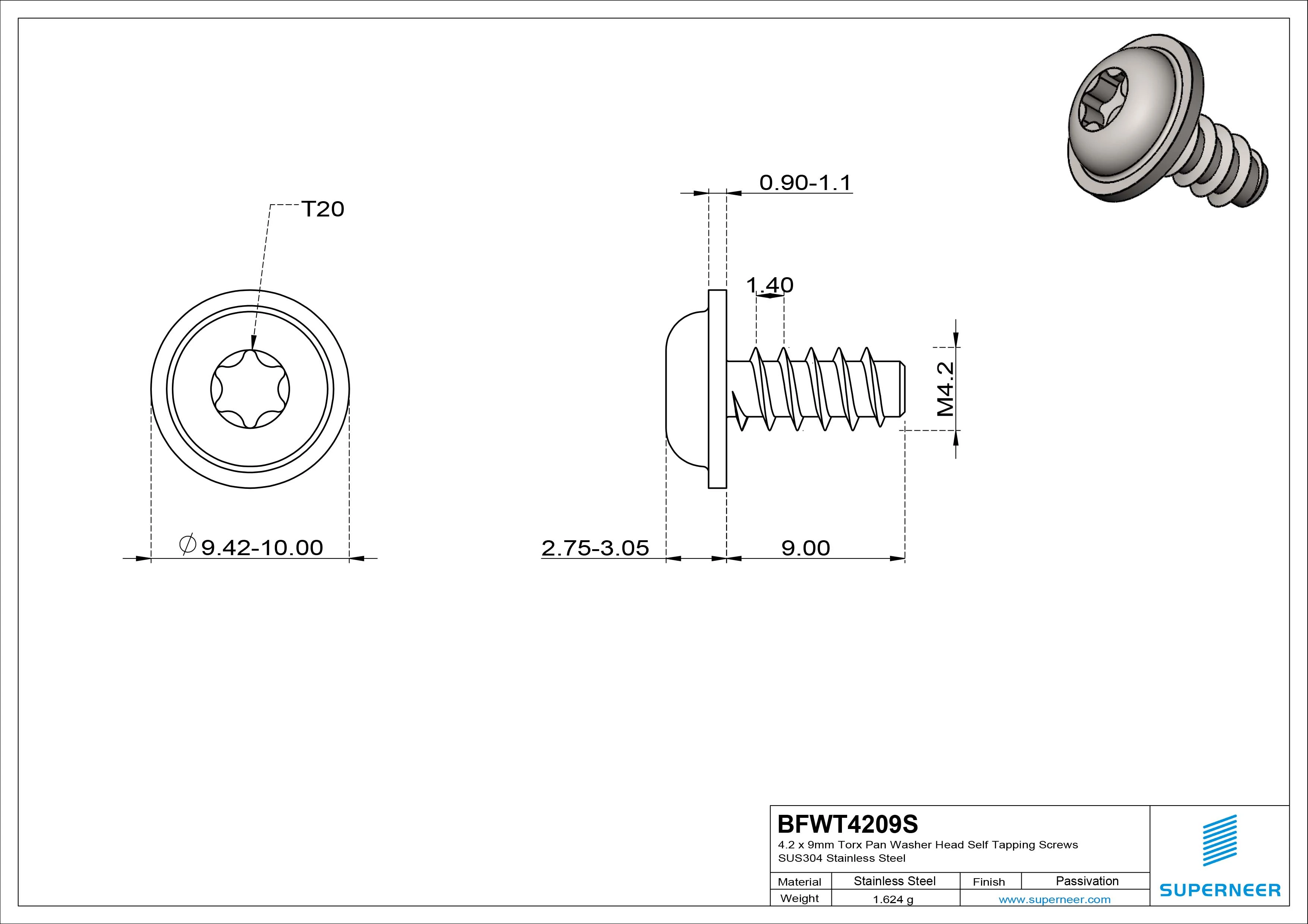 4.2 x 9mm Torx Pan Washer Head Self Tapping Screws SUS304 Stainless Steel