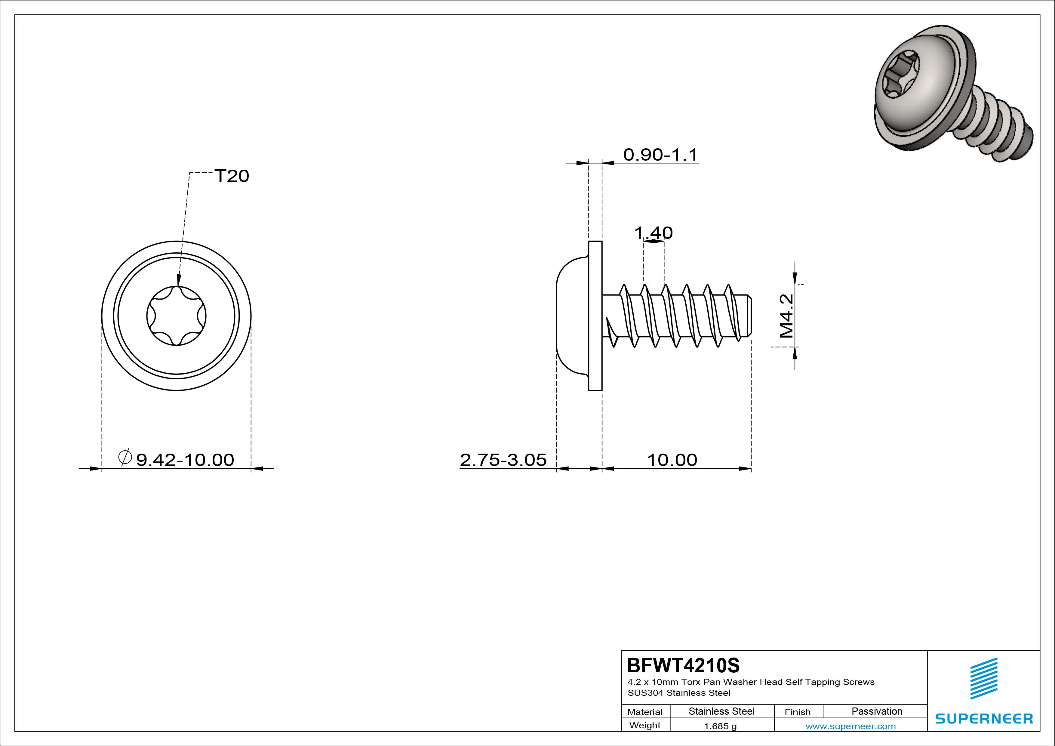 4.2 x 10mm Torx Pan Washer Head Self Tapping Screws SUS304 Stainless Steel