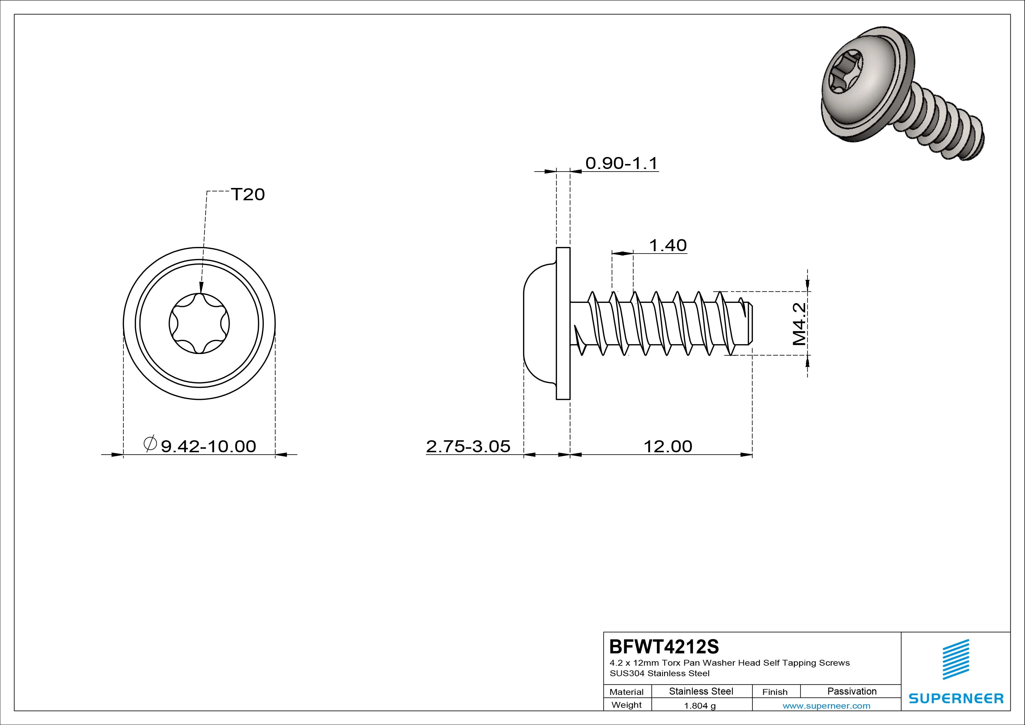 4.2 x 12mm Torx Pan Washer Head Self Tapping Screws SUS304 Stainless Steel
