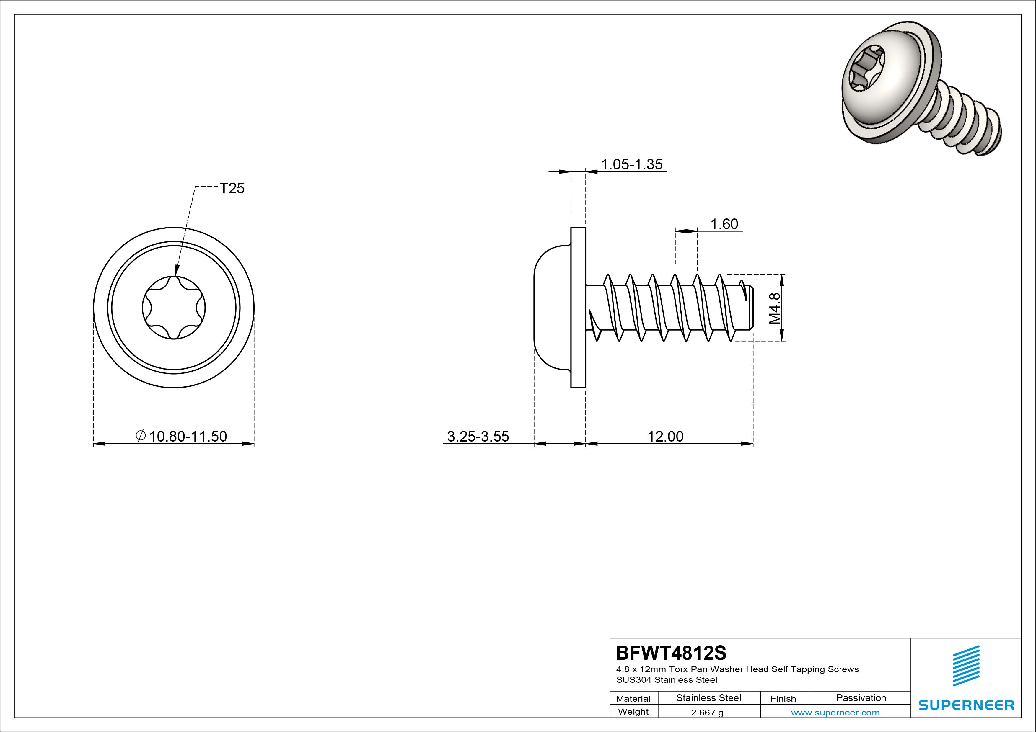 4.8 x 12mm Torx Pan Washer Head Self Tapping Screws SUS304 Stainless Steel