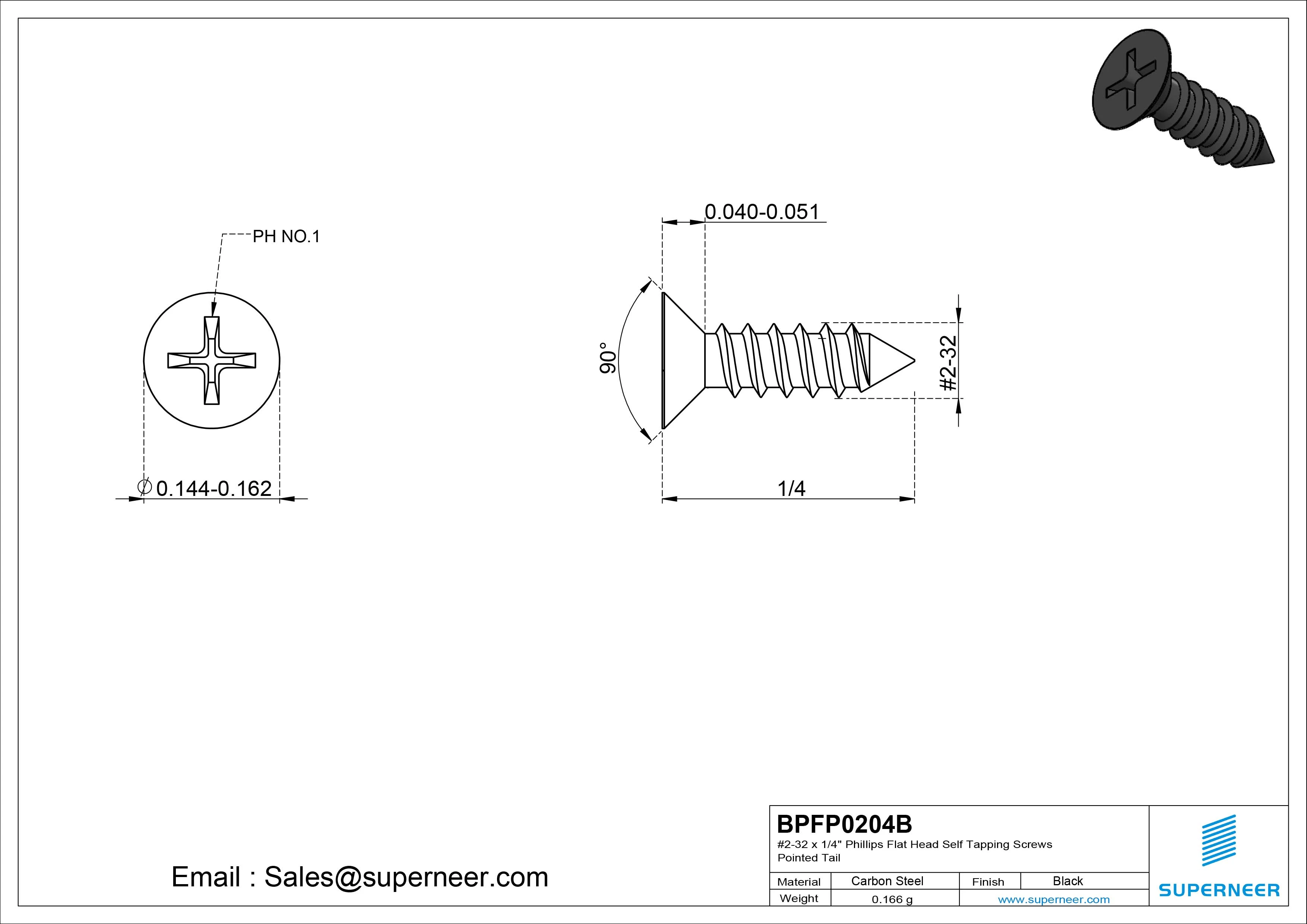#2-32 x 1/4" Phillips Flat Head Self Tapping Screws Pointed Tail Steel Black Zinc Plated