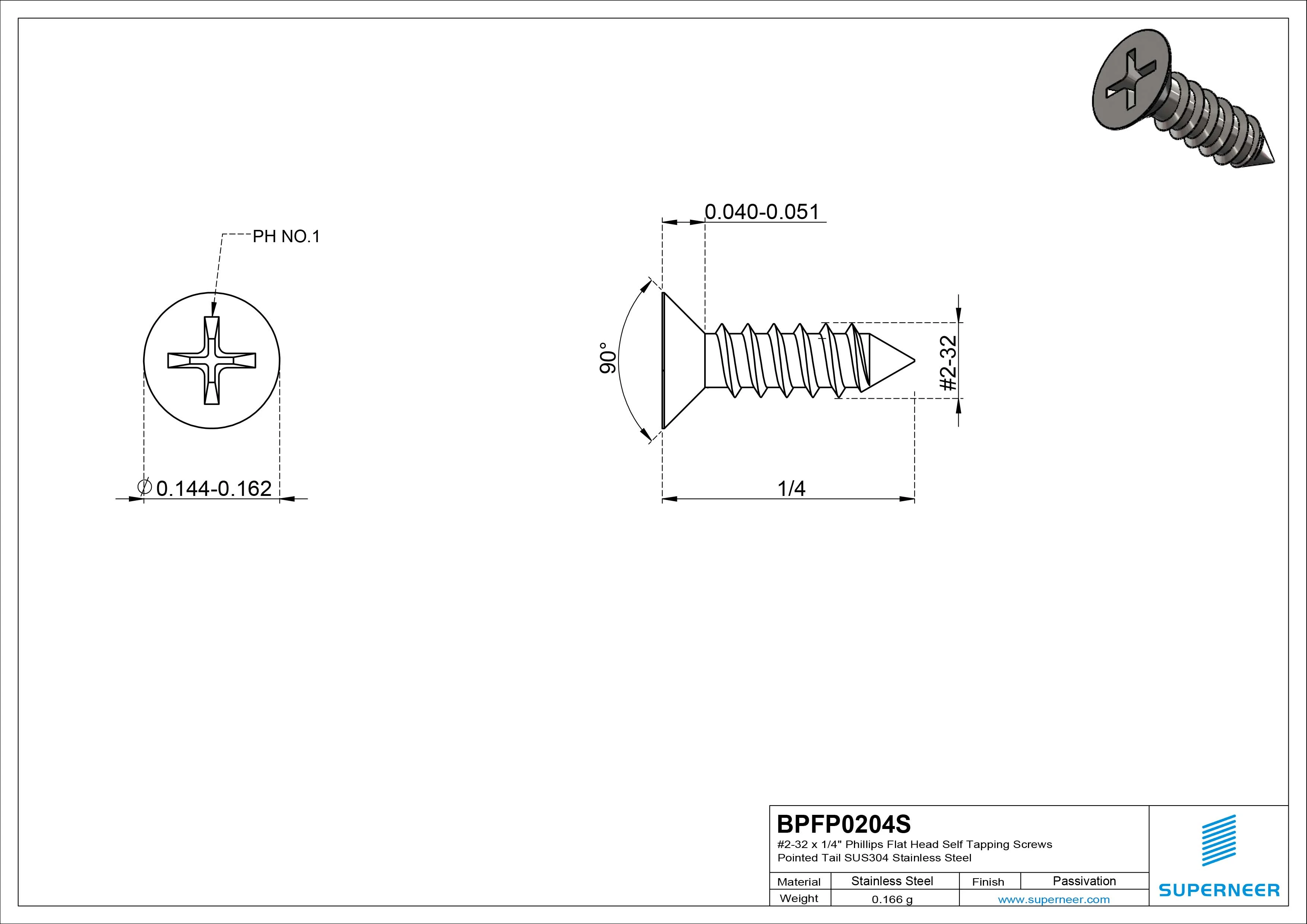 #2-32 x 1/4" Phillips Flat Head Self Tapping Screws Pointed Tail SUS304 Stainless Steel