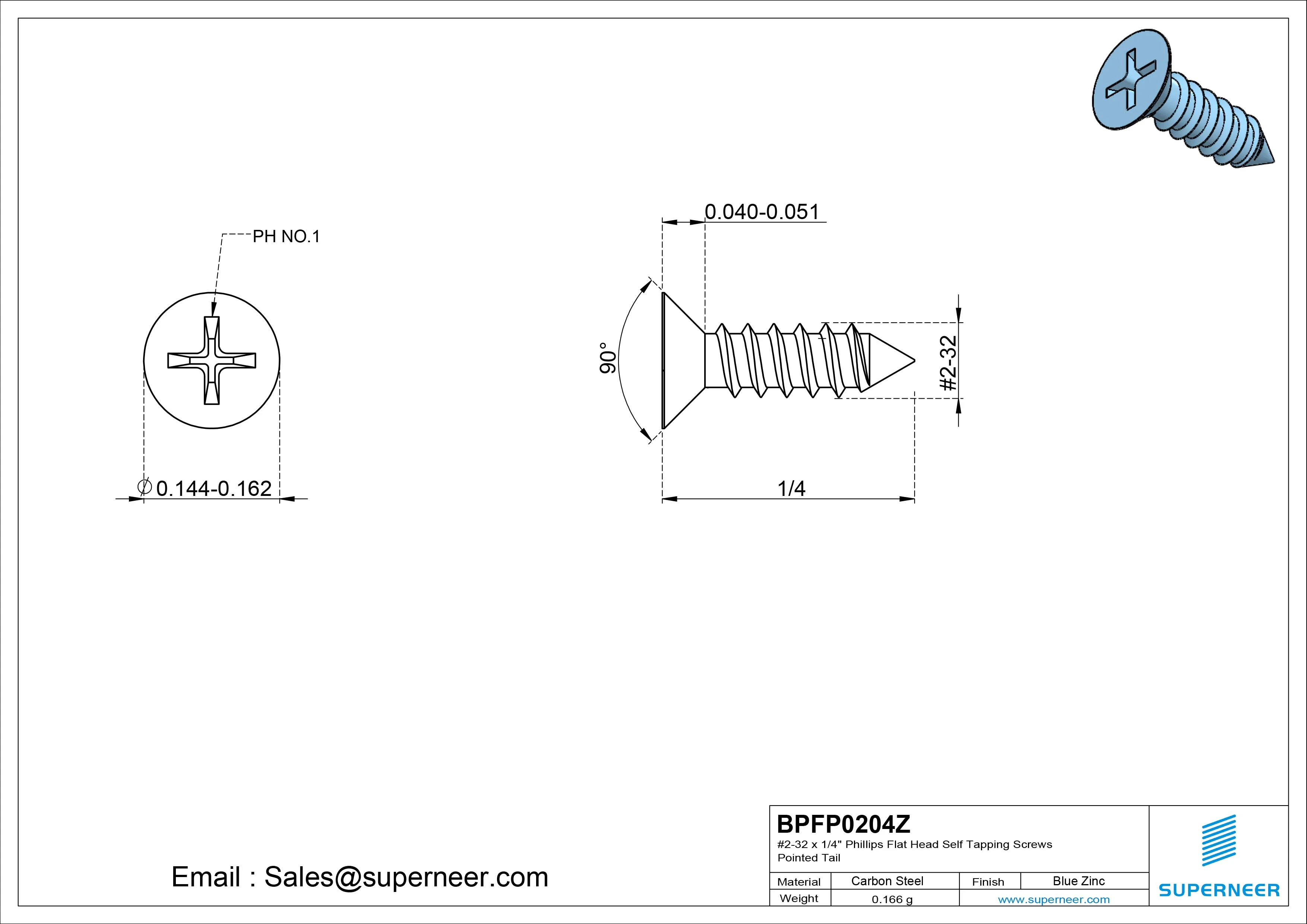 #2-32 x 1/4" Phillips Flat Head Self Tapping Screws Pointed Tail Steel Blue Zinc Plated