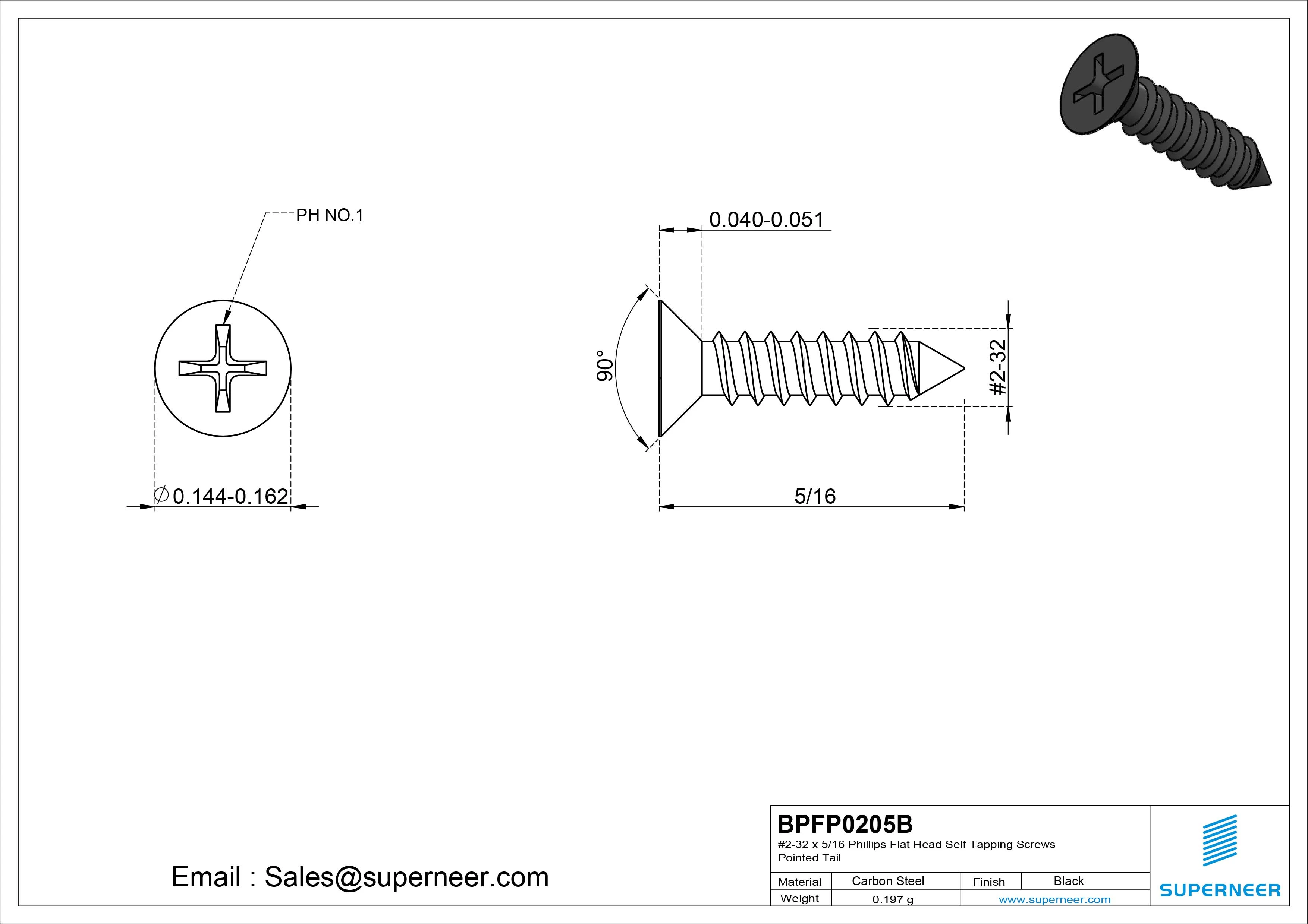 #2-32 x 5/16" Phillips Flat Head Self Tapping Screws Pointed Tail Steel Black Zinc Plated