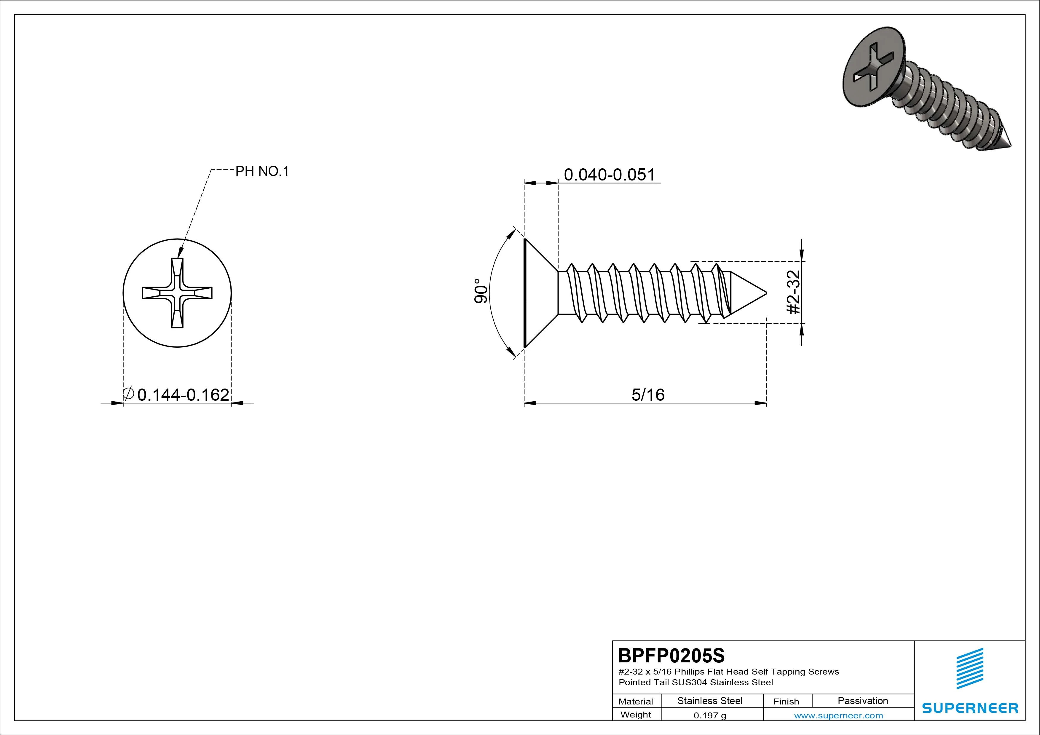 #2-32 x 5/16" Phillips Flat Head Self Tapping Screws Pointed Tail SUS304 Stainless Steel