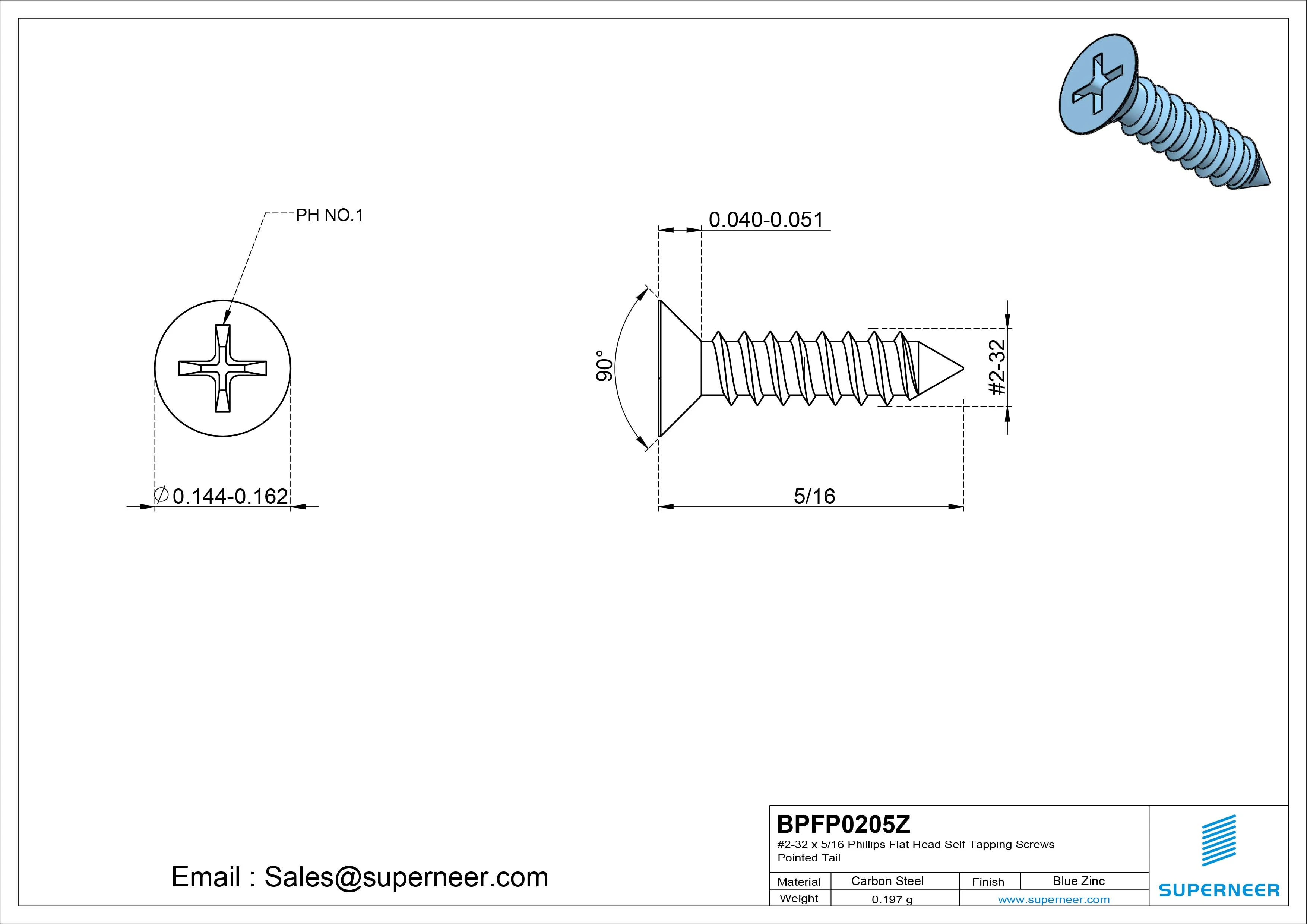 #2-32 x 5/16" Phillips Flat Head Self Tapping Screws Pointed Tail Steel Blue Zinc Plated
