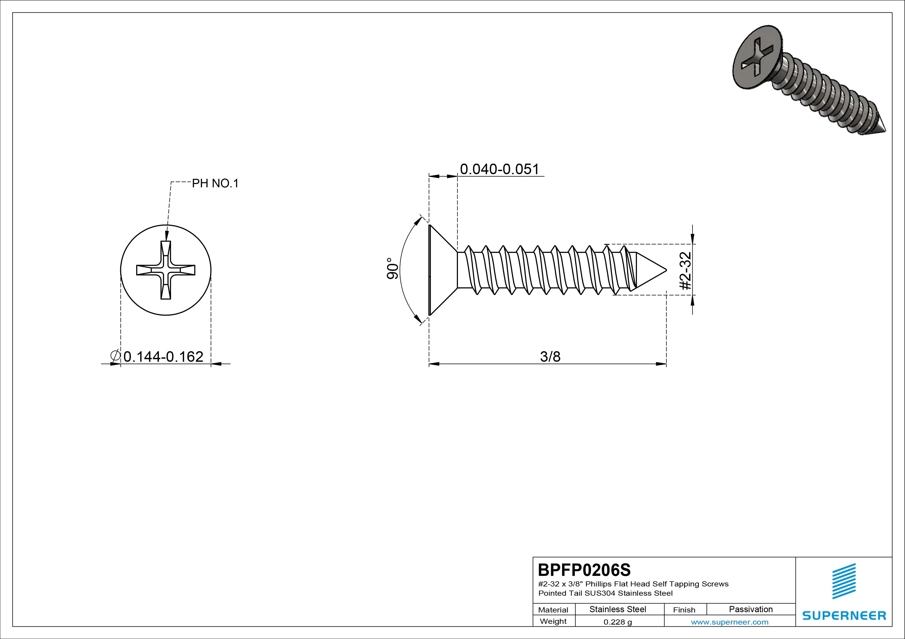 #2-32 x 3/8" Phillips Flat Head Self Tapping Screws Pointed Tail SUS304 Stainless Steel