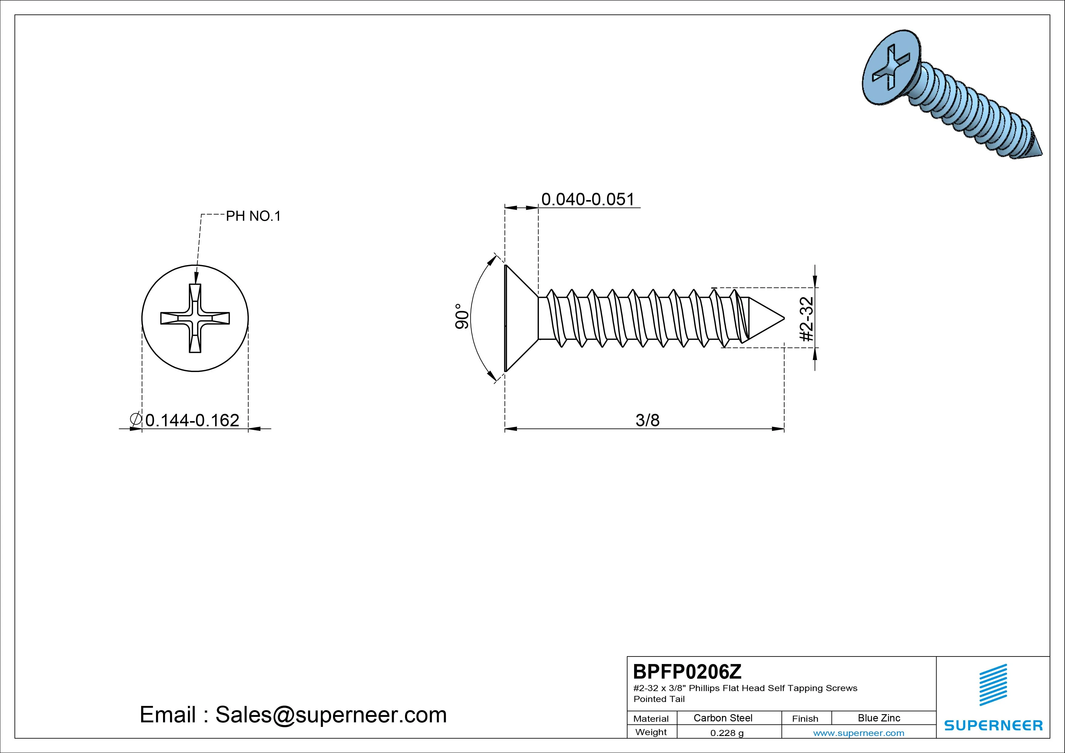#2-32 x 3/8" Phillips Flat Head Self Tapping Screws Pointed Tail Steel Blue Zinc Plated