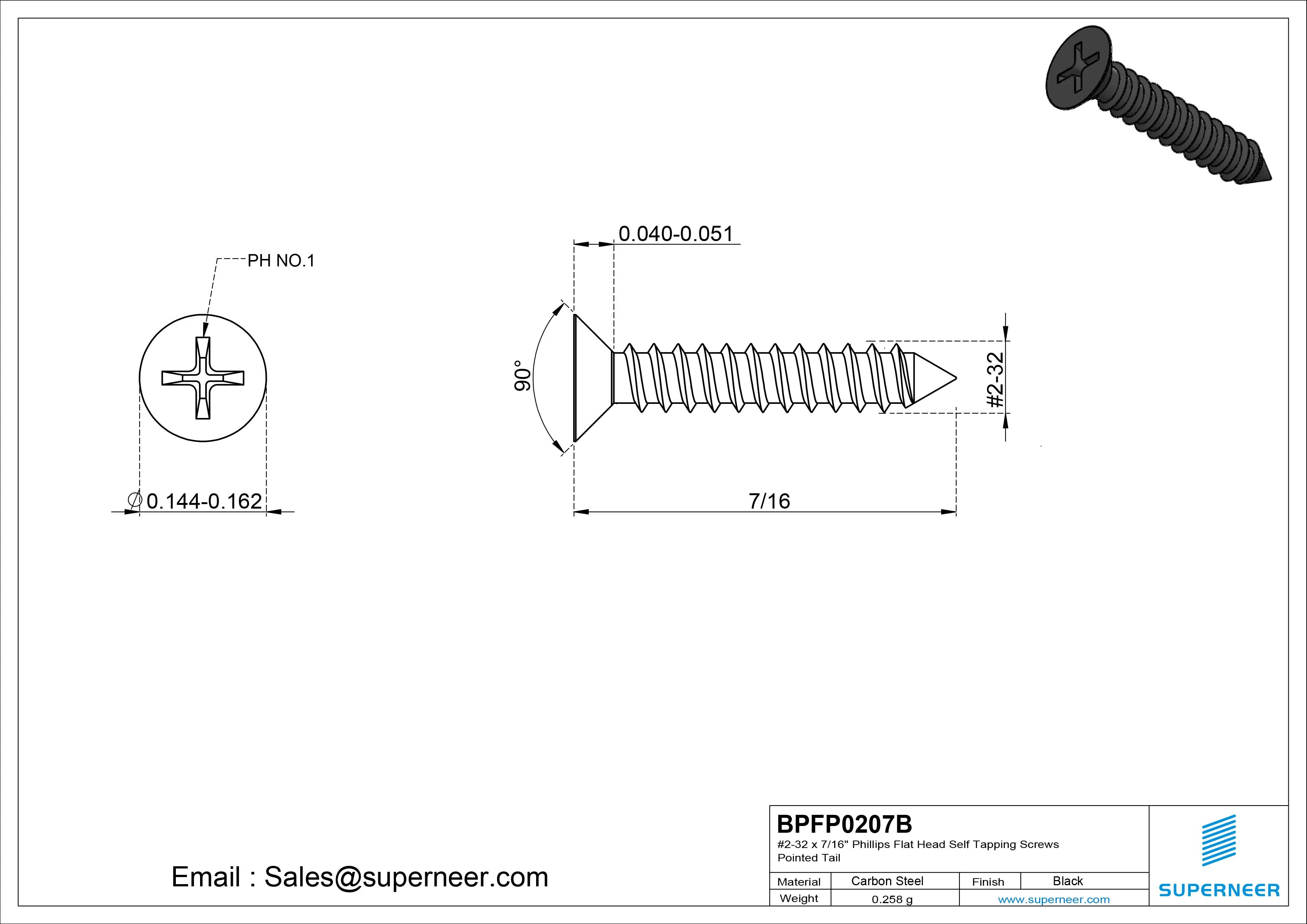 #2-32 x 7/16" Phillips Flat Head Self Tapping Screws Pointed Tail Steel Black Zinc Plated