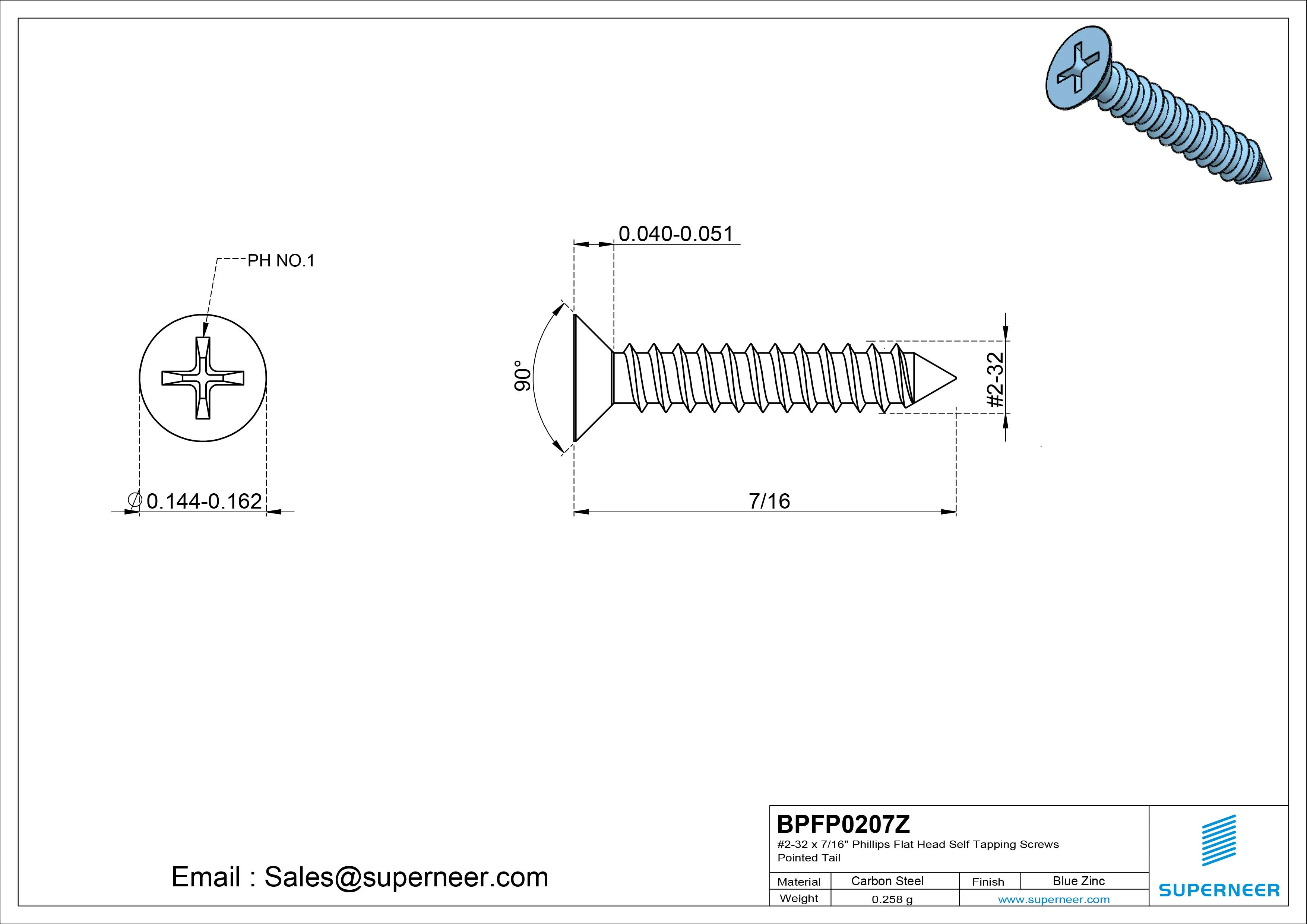 #2-32 x 7/16" Phillips Flat Head Self Tapping Screws Pointed Tail Steel Blue Zinc Plated