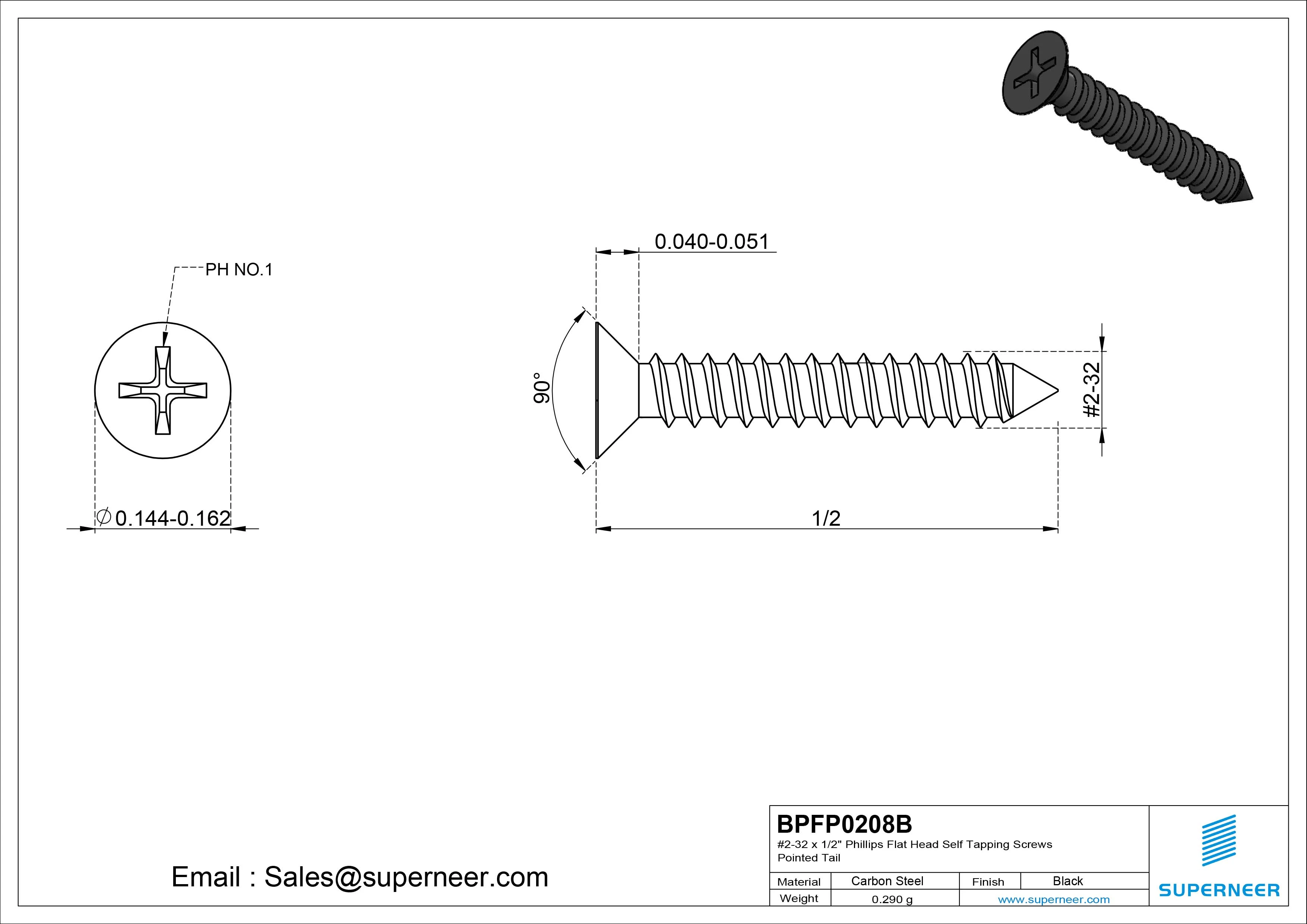 #2-32 x 1/2" Phillips Flat Head Self Tapping Screws Pointed Tail Steel Black Zinc Plated