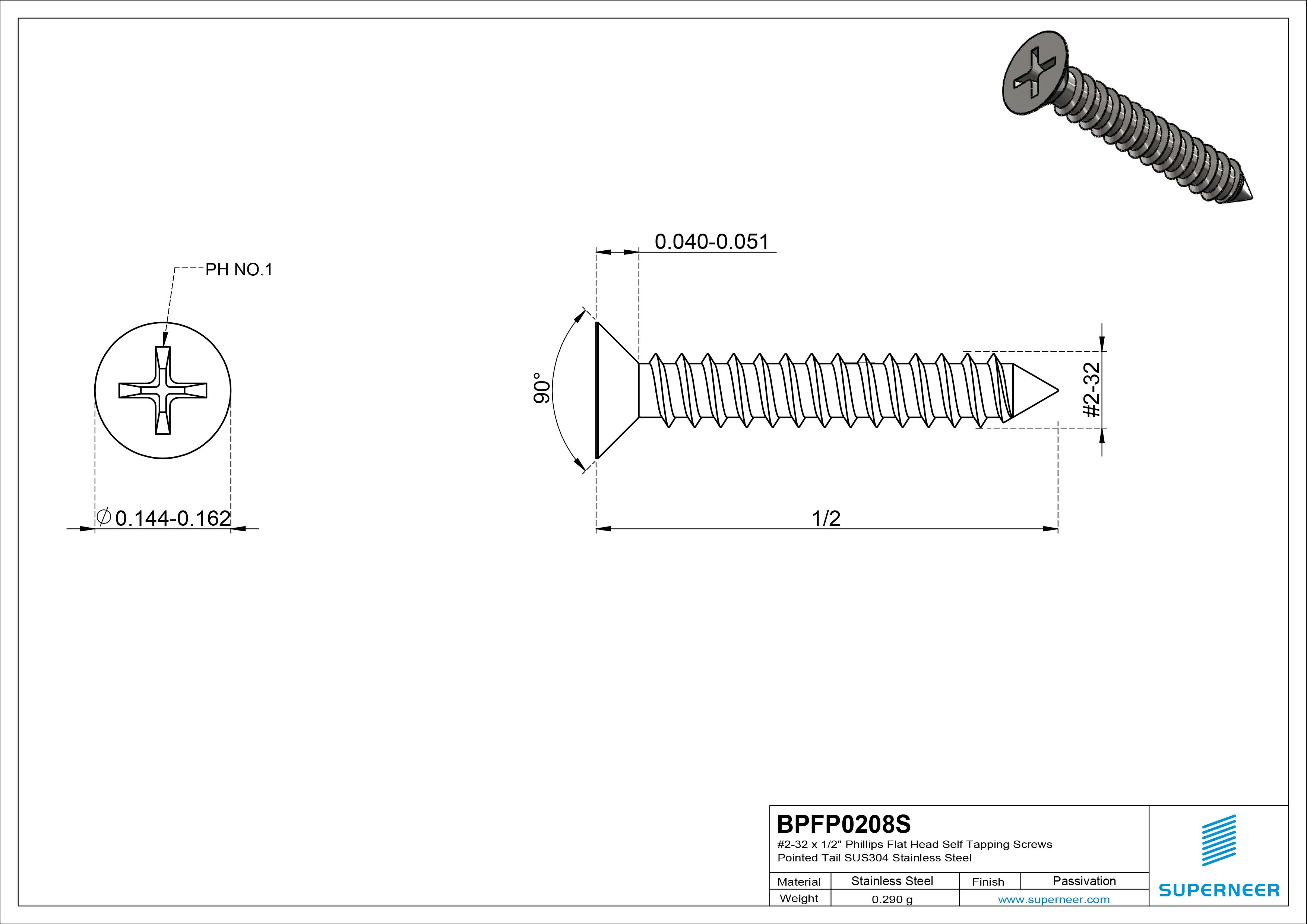#2-32 x 1/2" Phillips Flat Head Self Tapping Screws Pointed Tail SUS304 Stainless Steel