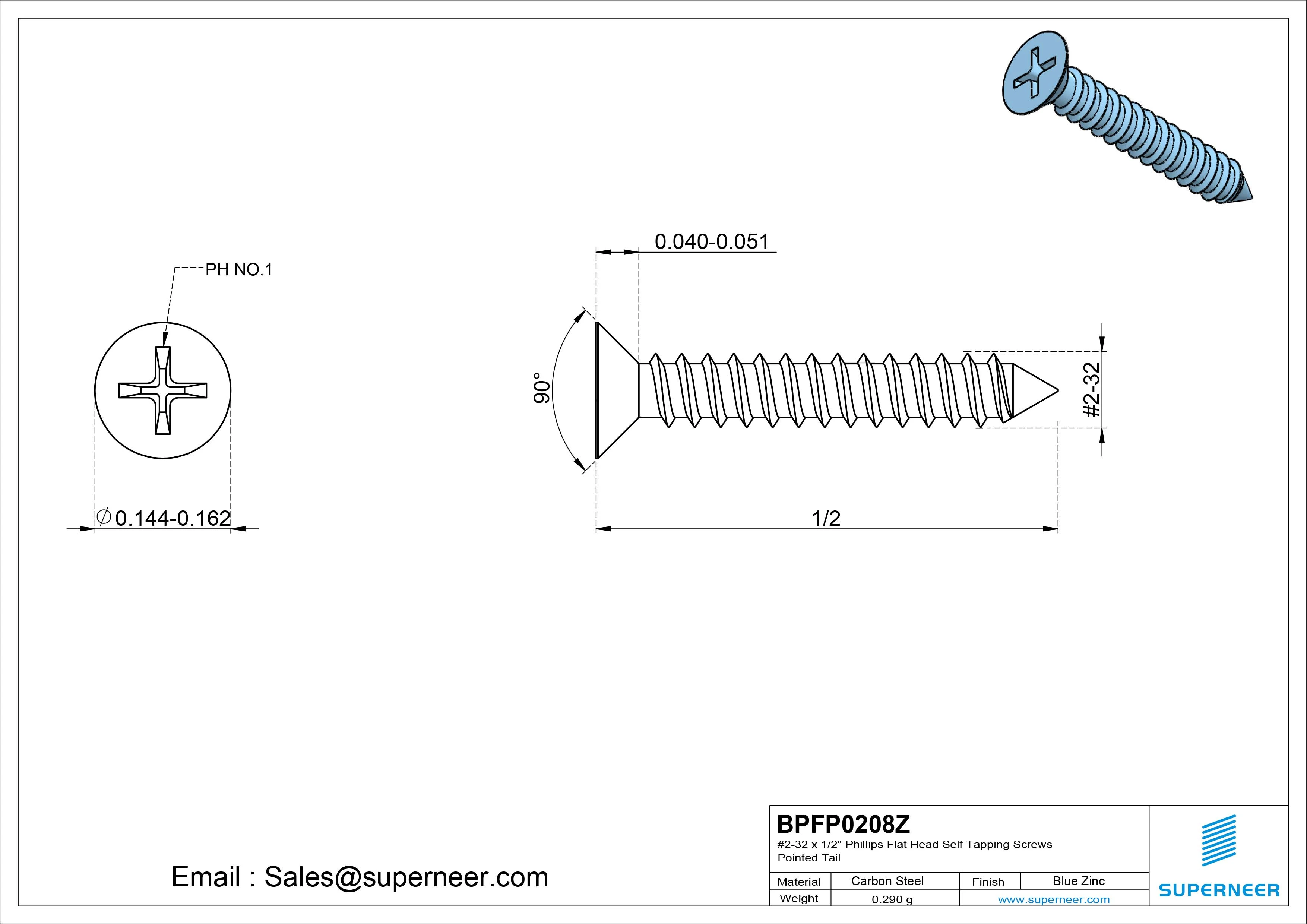 #2-32 x 1/2" Phillips Flat Head Self Tapping Screws Pointed Tail Steel Blue Zinc Plated