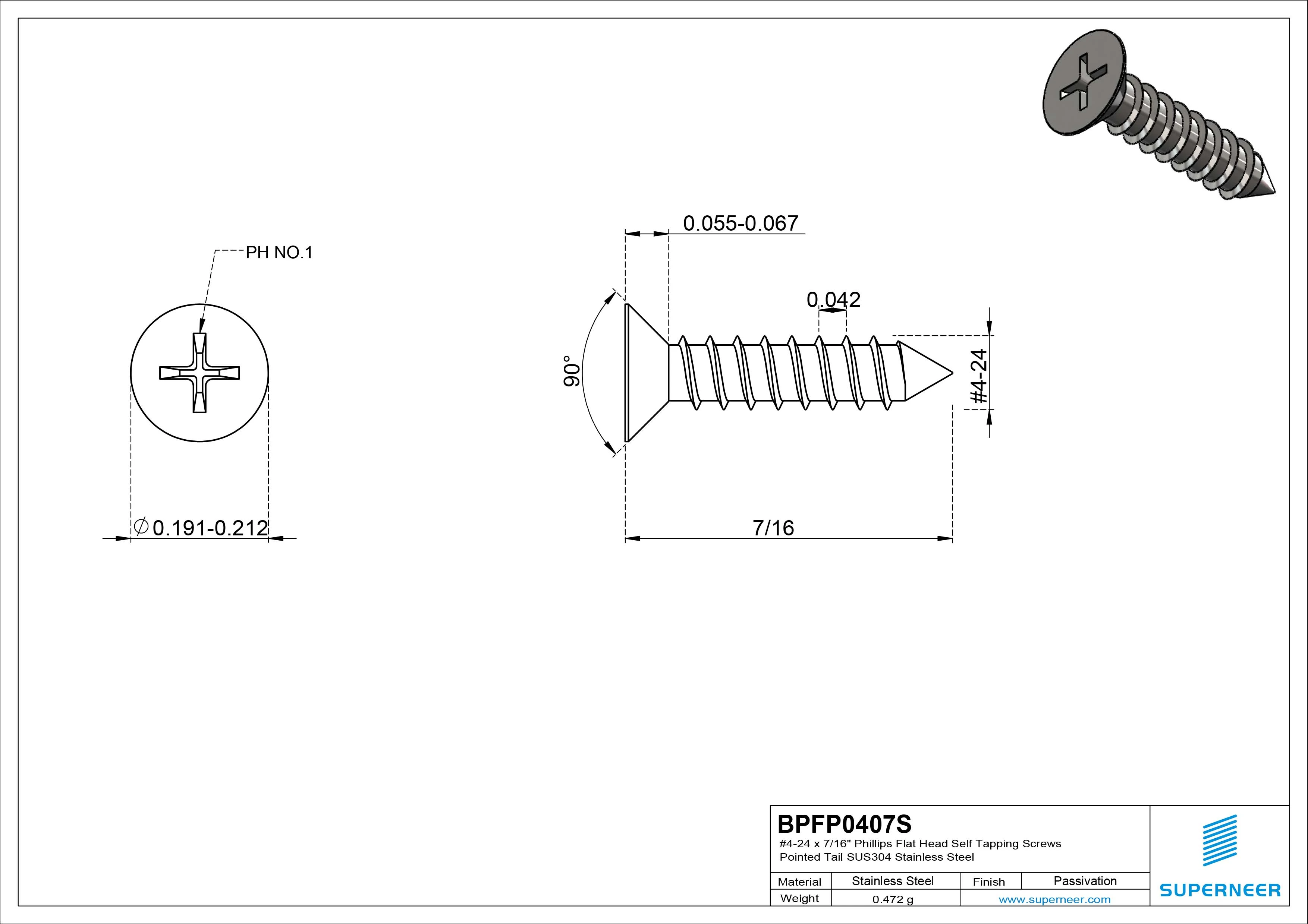 #4-24 x 7/16" Phillips Flat Head Self Tapping Screws Pointed Tail SUS304 Stainless Steel