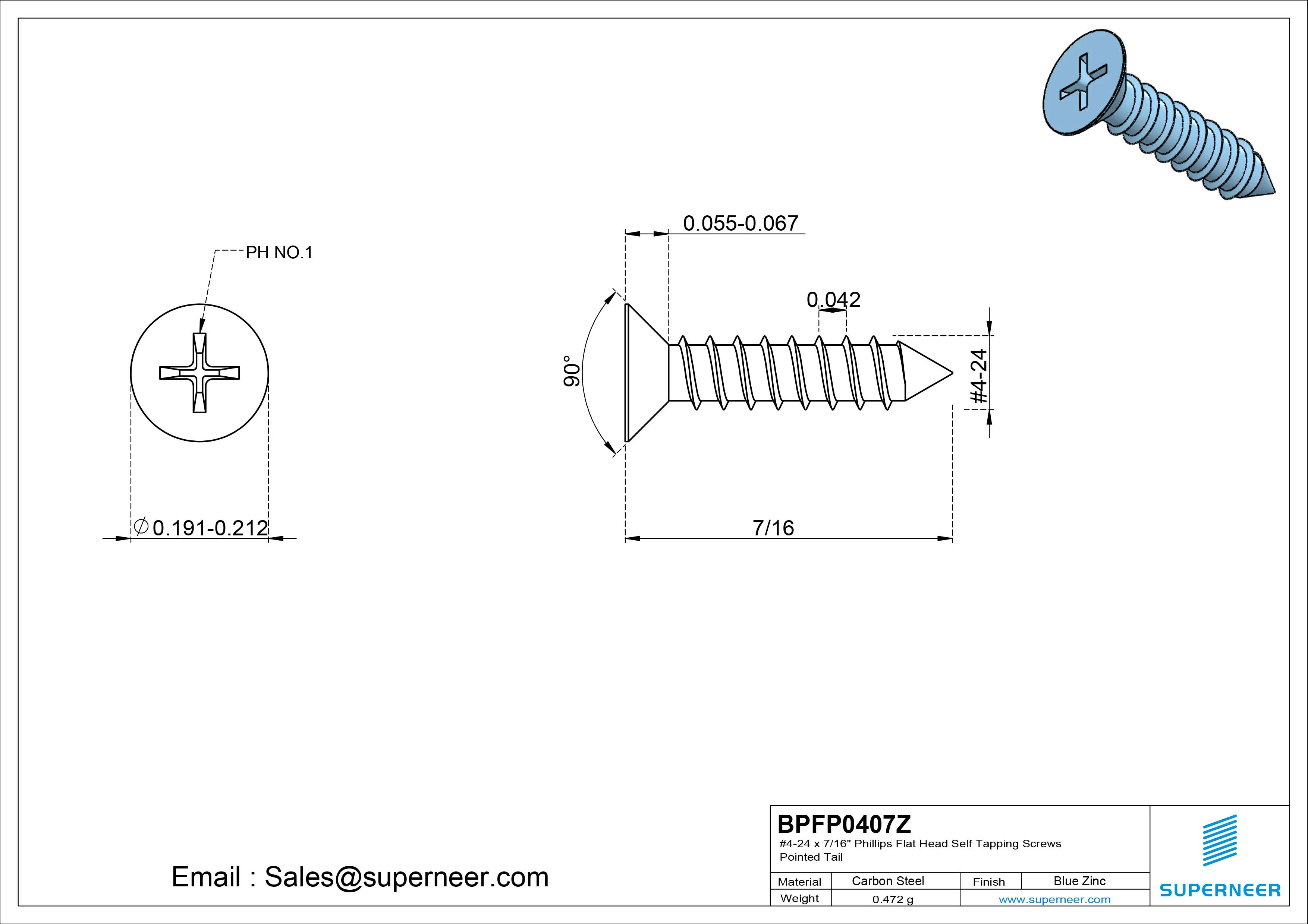 #4-24 x 7/16" Phillips Flat Head Self Tapping Screws Pointed Tail Steel Blue Zinc Plated