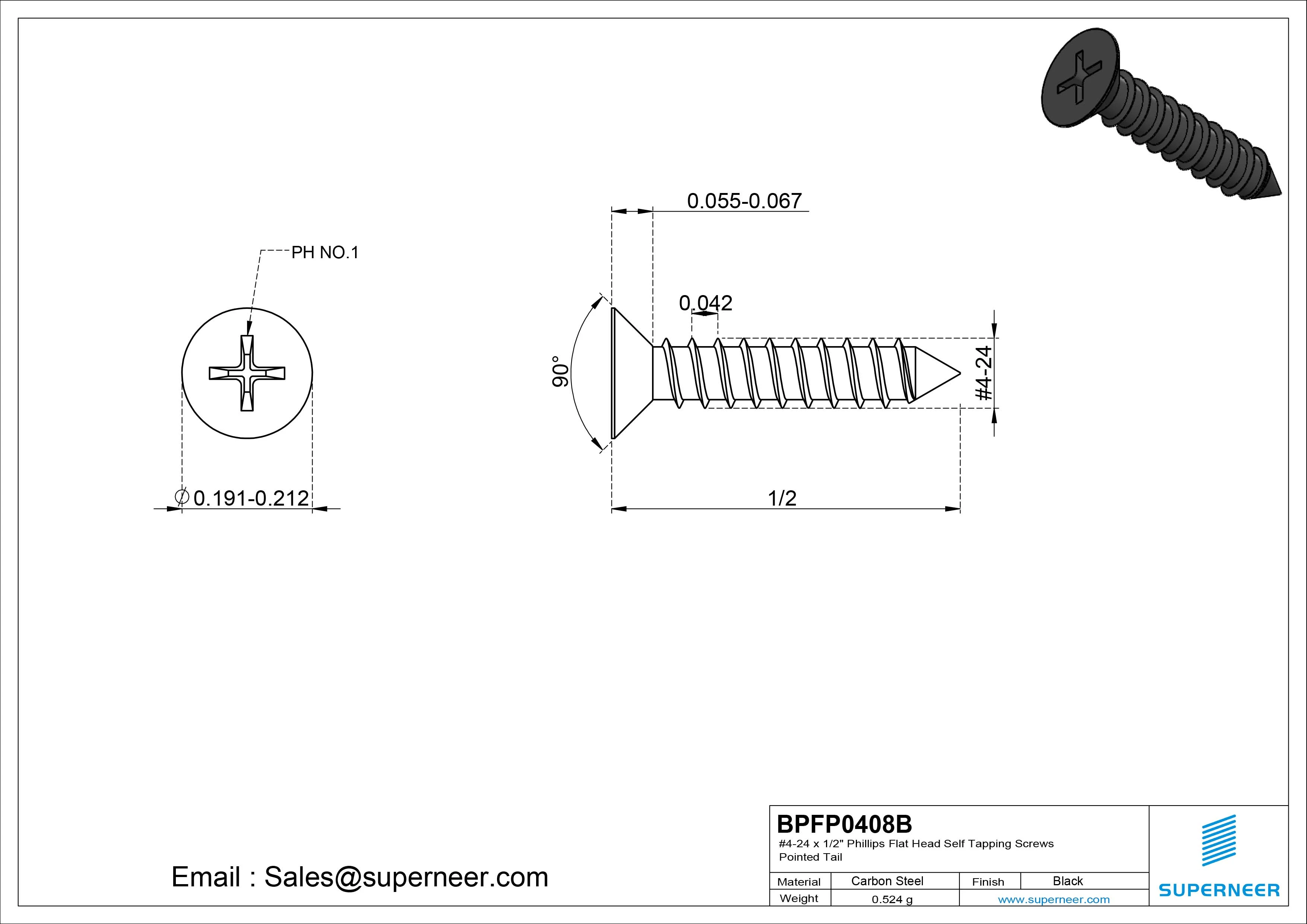 #4-24 x 1/2" Phillips Flat Head Self Tapping Screws Pointed Tail Steel Black Zinc Plated